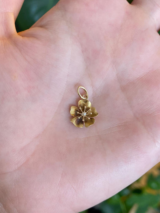 Vintage Solid 14k Yellow Gold Seed Pearl Flower Stick Pin Charm