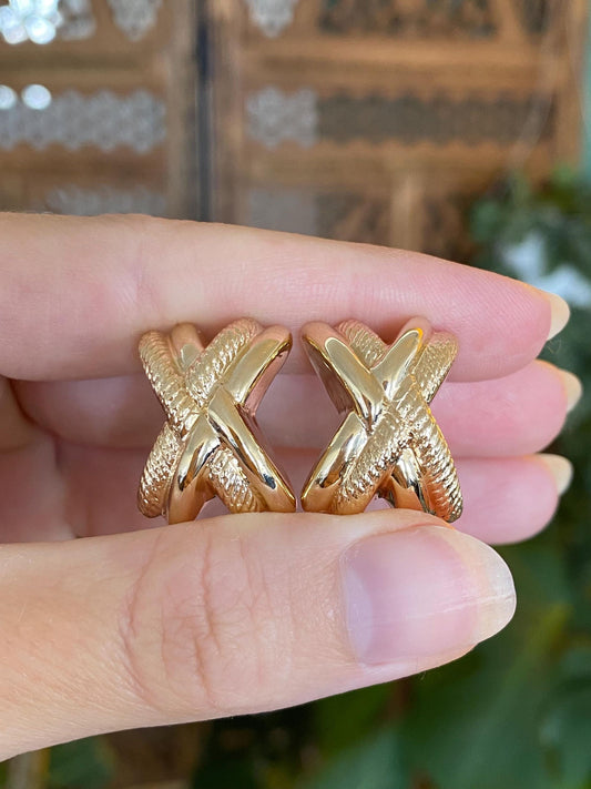 Vintage 14k Yellow Gold X Design Drop Earrings