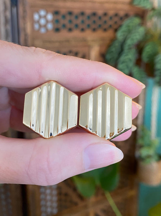 Vintage 14k Yellow Gold Lined Texture Hexagonal Stud Earrings