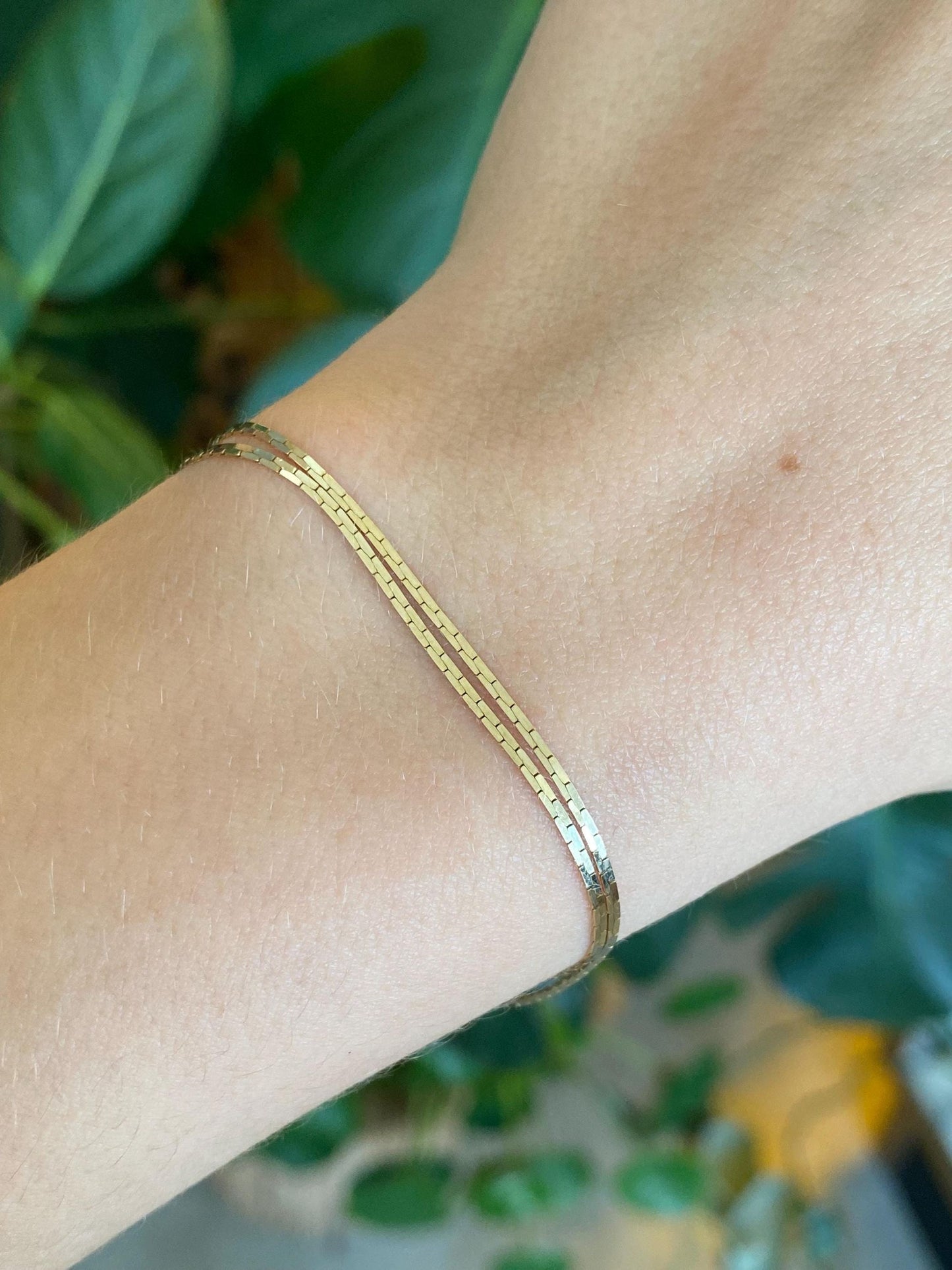 Vintage Solid 14k Yellow Gold Double Strand Flat C Link Chain Bracelet - 7 inches