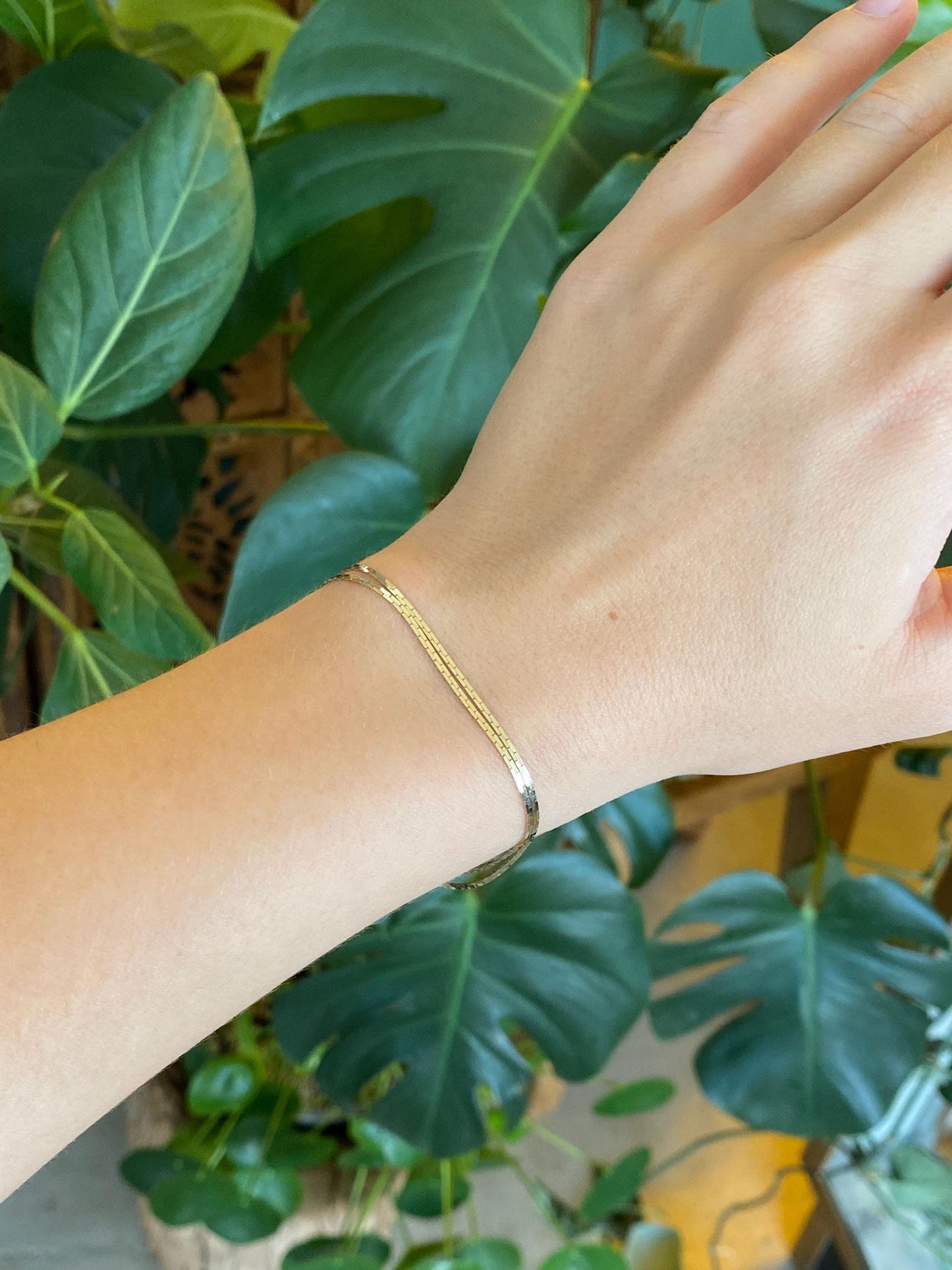 Vintage Solid 14k Yellow Gold Double Strand Flat C Link Chain Bracelet - 7 inches