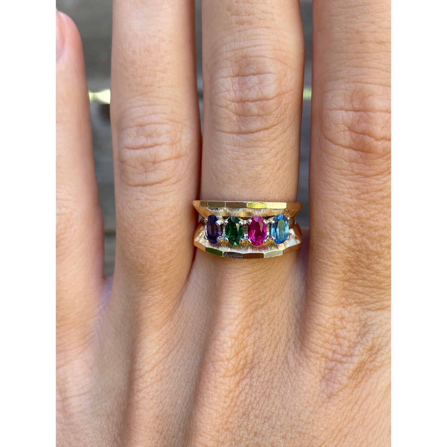 Solid 14k Yellow Gold Amethyst Emerald Sapphire Topaz Ring Band - Size 6.5