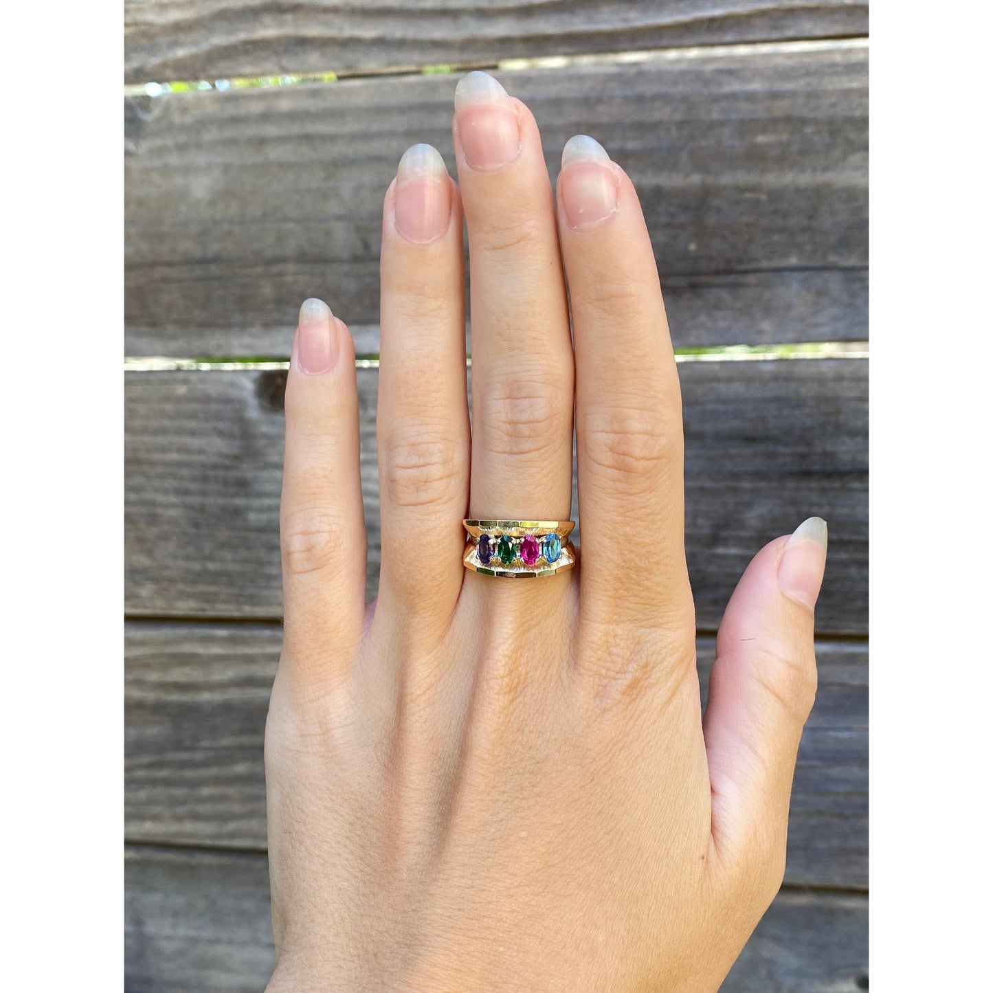 Solid 14k Yellow Gold Amethyst Emerald Sapphire Topaz Ring Band - Size 6.5