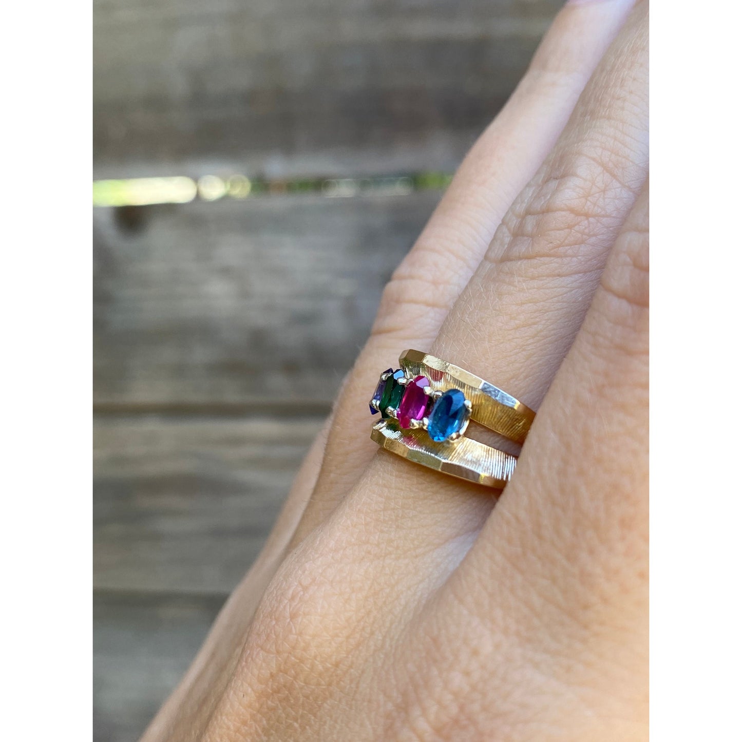 Solid 14k Yellow Gold Amethyst Emerald Sapphire Topaz Ring Band - Size 6.5