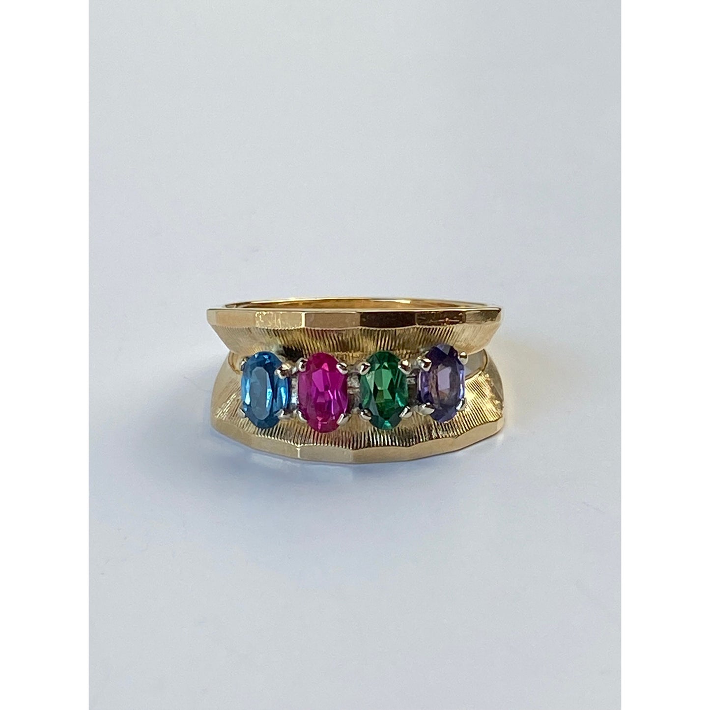 Solid 14k Yellow Gold Amethyst Emerald Sapphire Topaz Ring Band - Size 6.5