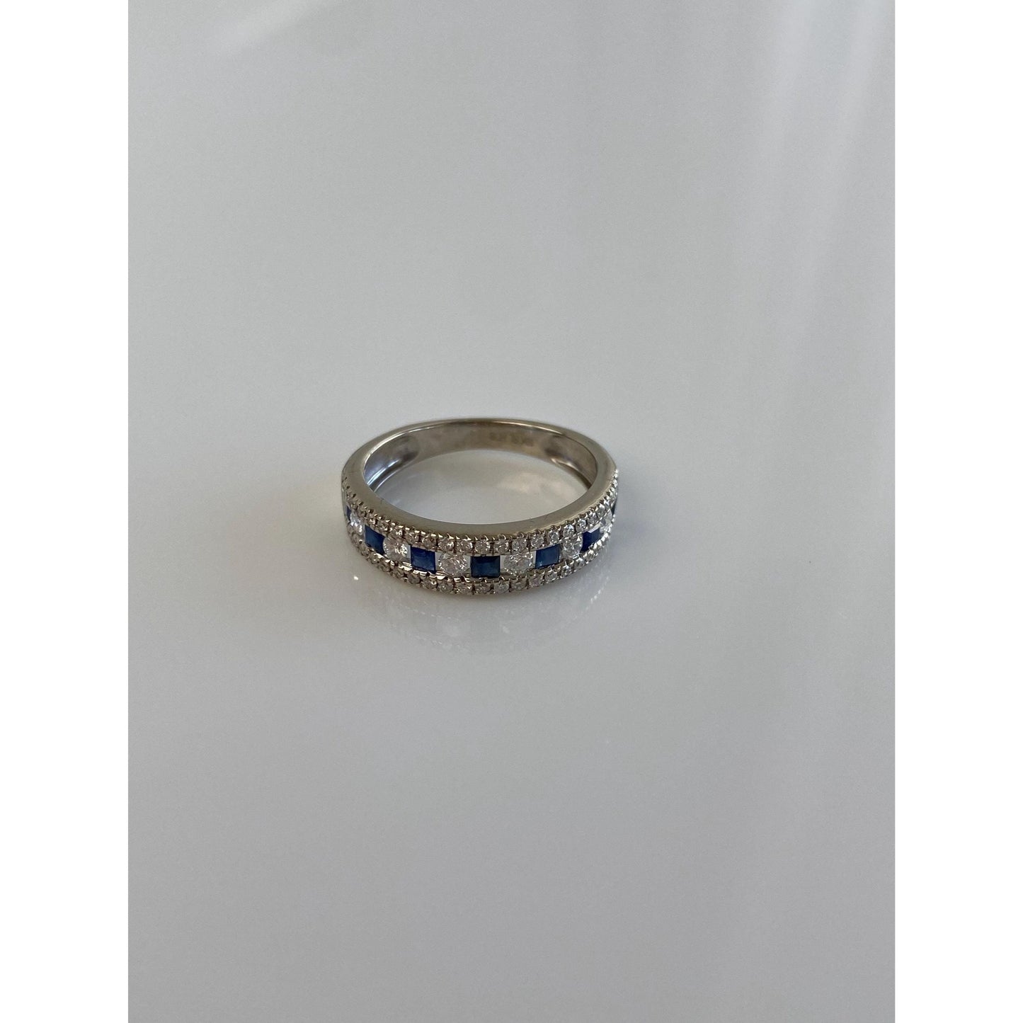 Vintage Solid 10k White Gold Clear & Blue Sapphire Ring Band - Size 5.25
