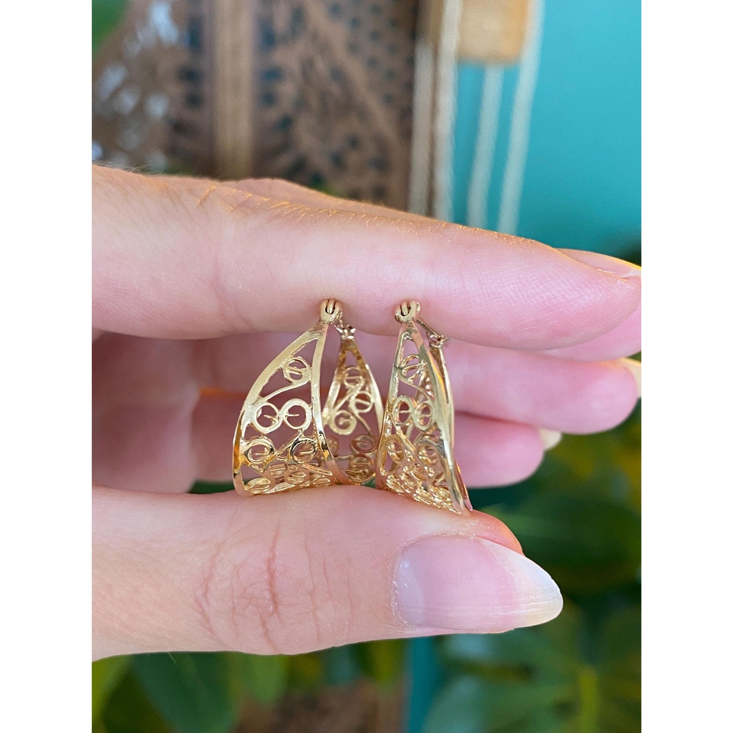 Vintage Solid 14k Yellow Gold Open Work Hoop Earrings