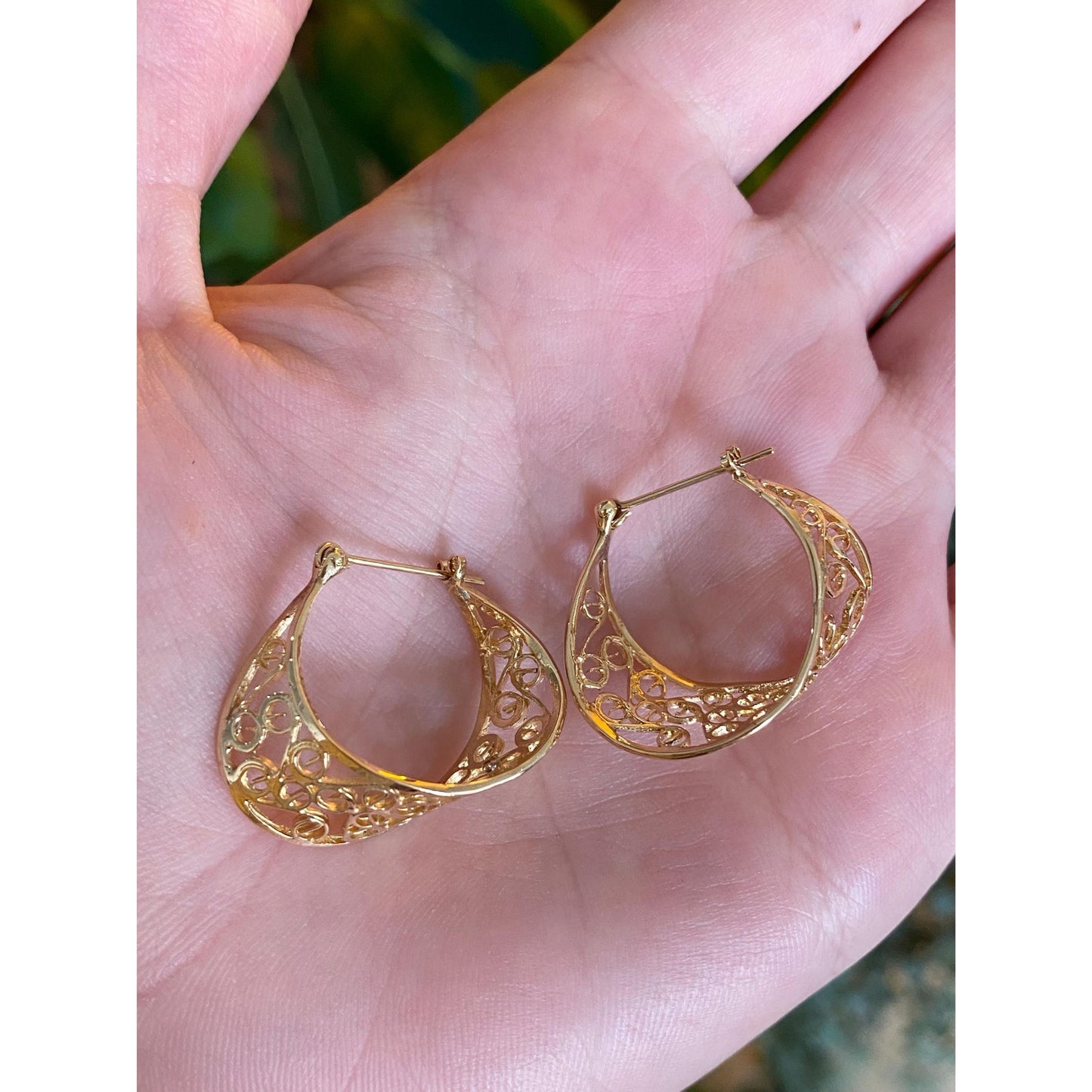 Vintage Solid 14k Yellow Gold Open Work Hoop Earrings