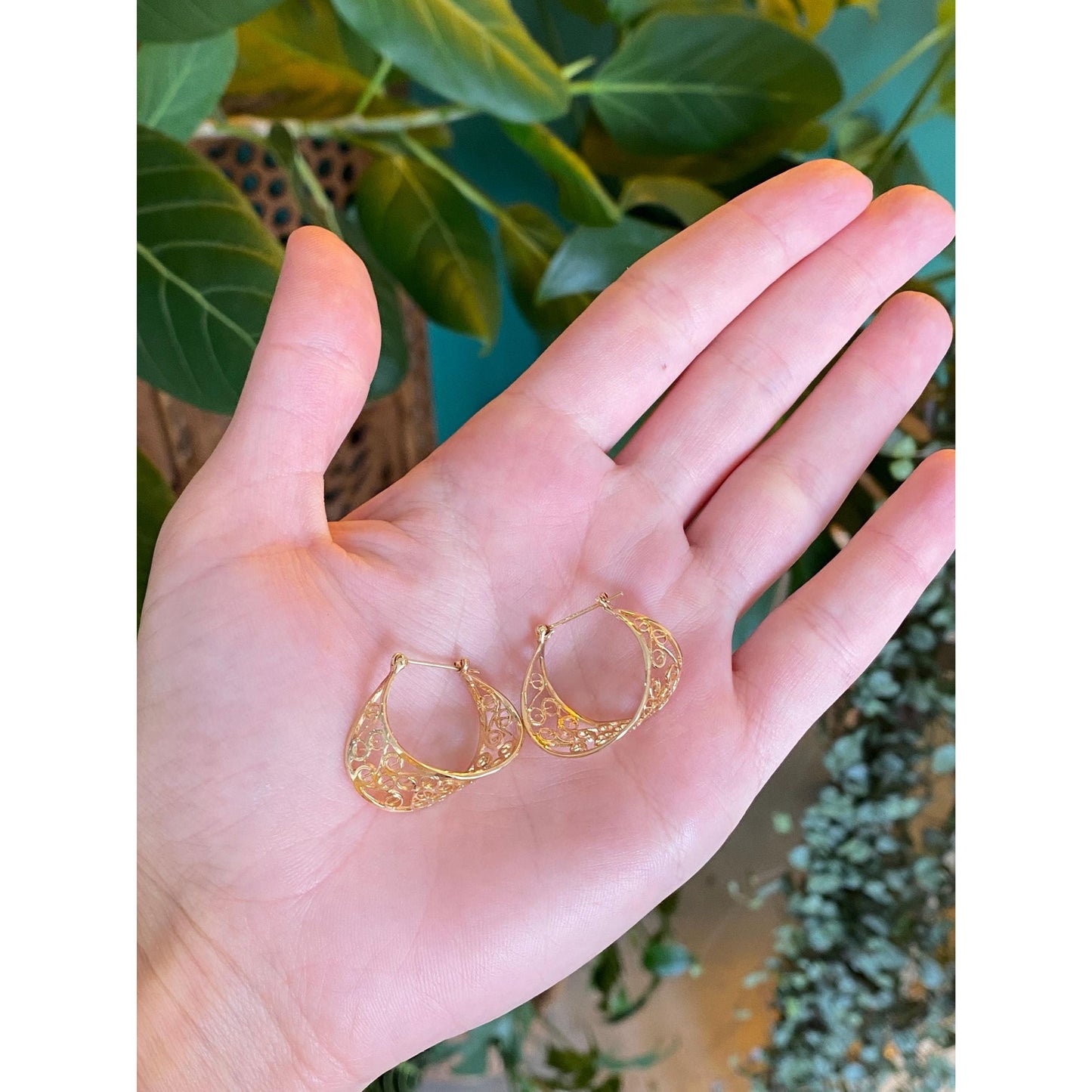 Vintage Solid 14k Yellow Gold Open Work Hoop Earrings