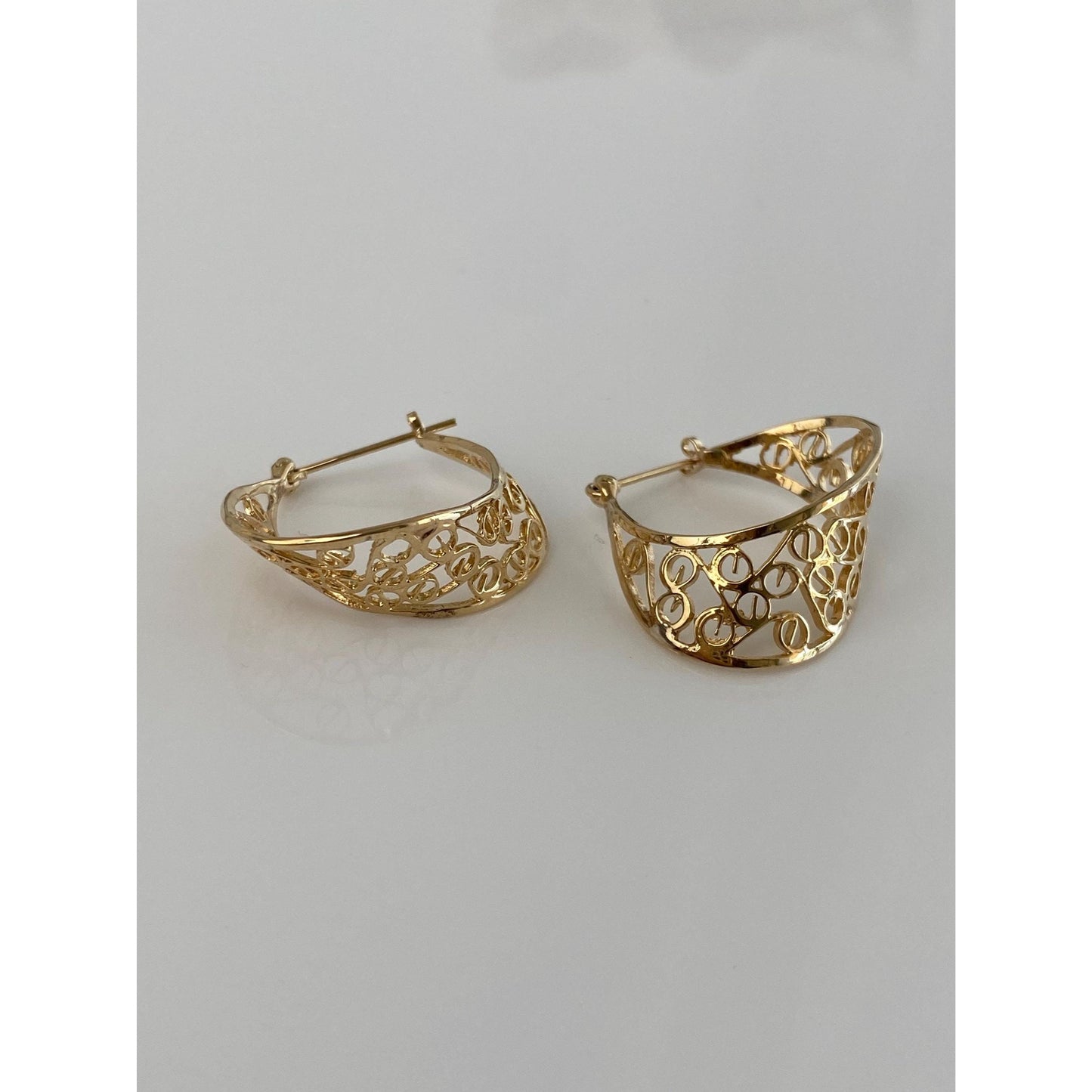 Vintage Solid 14k Yellow Gold Open Work Hoop Earrings