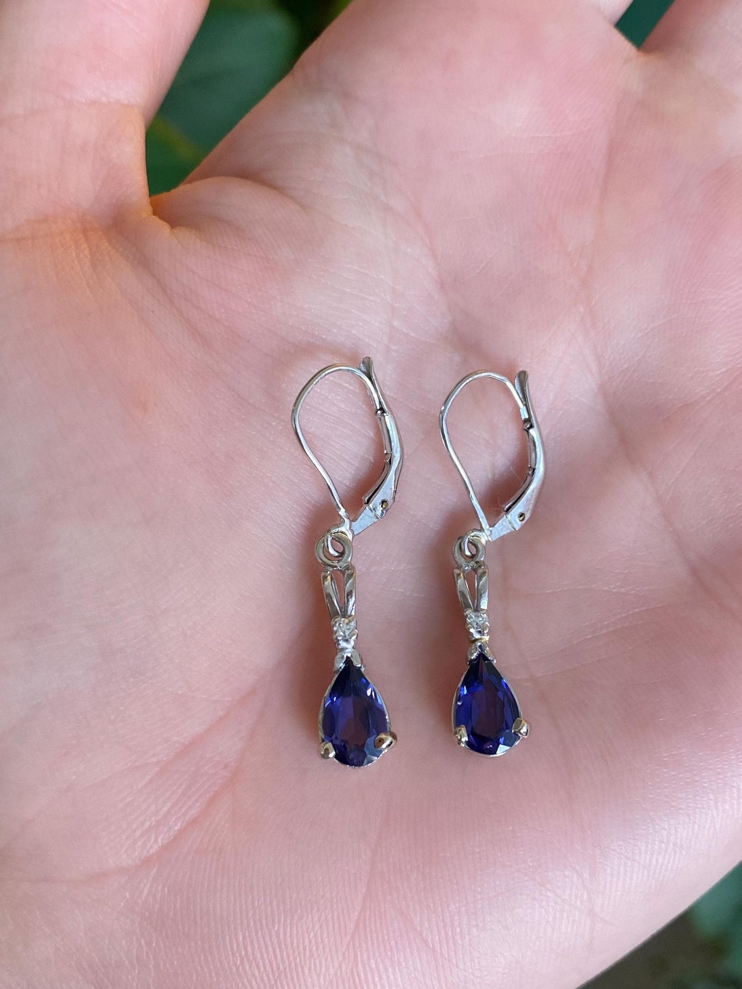 Vintage Solid 14k White Gold Diamond Blue Sapphire Dangle Earrings
