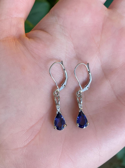 Vintage Solid 14k White Gold Diamond Blue Sapphire Dangle Earrings
