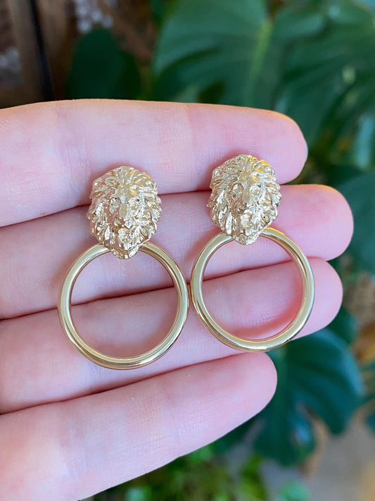 Vintage Solid 14k Yellow Gold Lion Head Hoop Doorknocker Stud Earrings