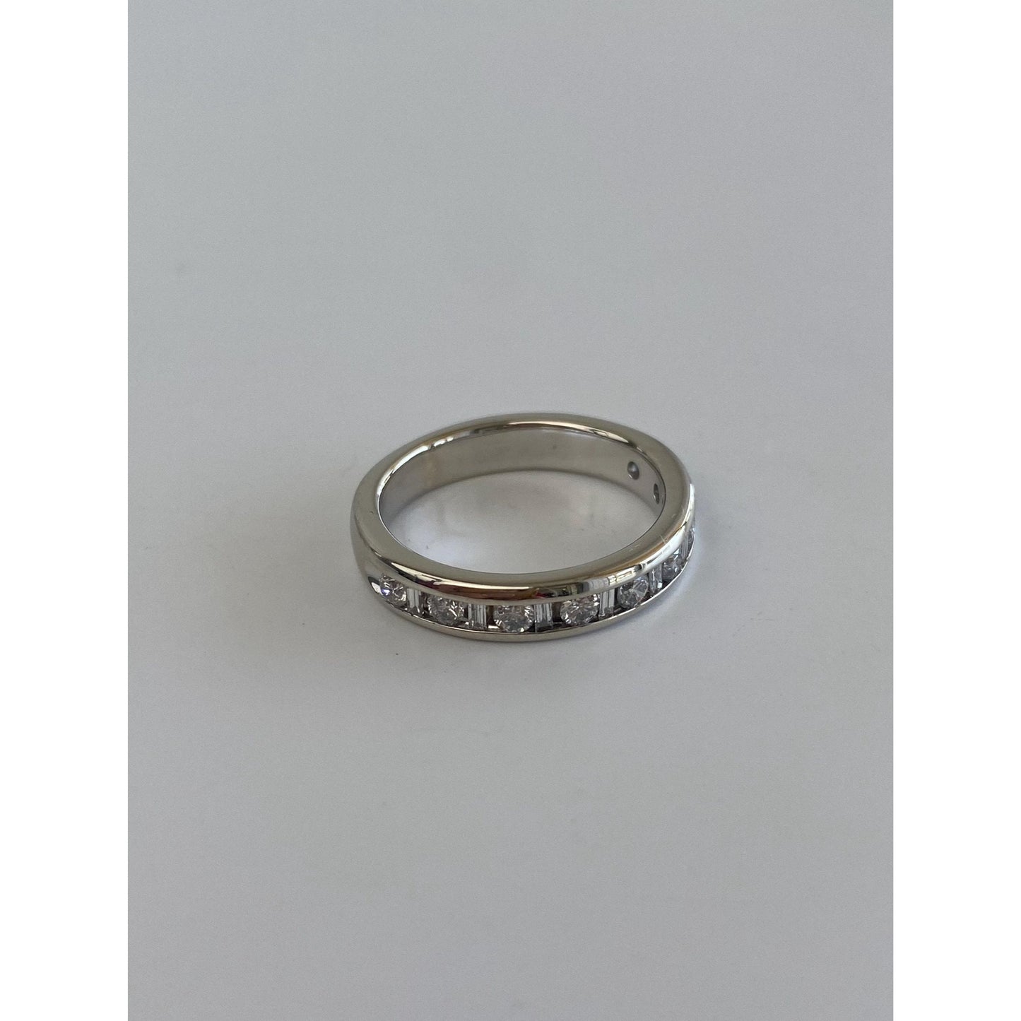 Vintage Solid 14k White Gold Baguette & Round Diamond Eternity Ring Band - Size 5