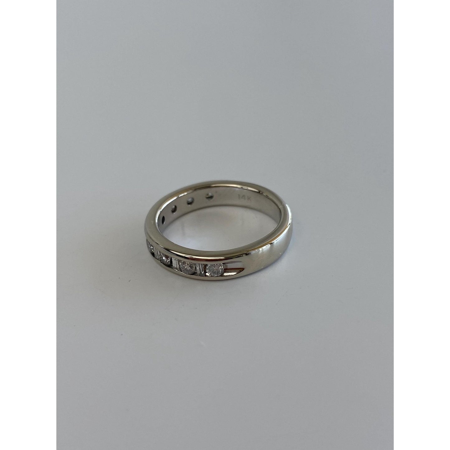 Vintage Solid 14k White Gold Baguette & Round Diamond Eternity Ring Band - Size 5