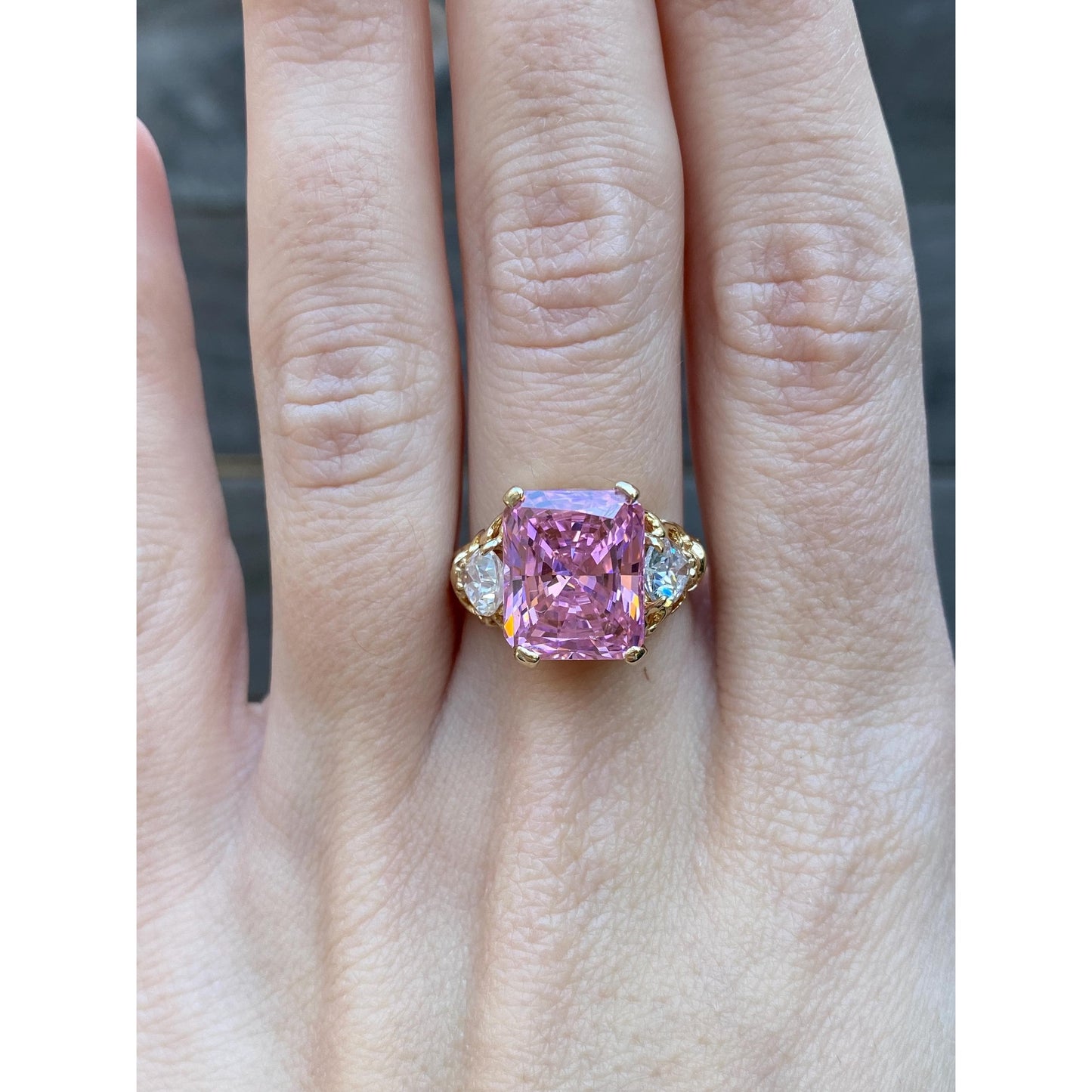 Vintage Solid 10k Yellow Gold Pink & Clear Cubic Zirconia Ring - Size 7.25