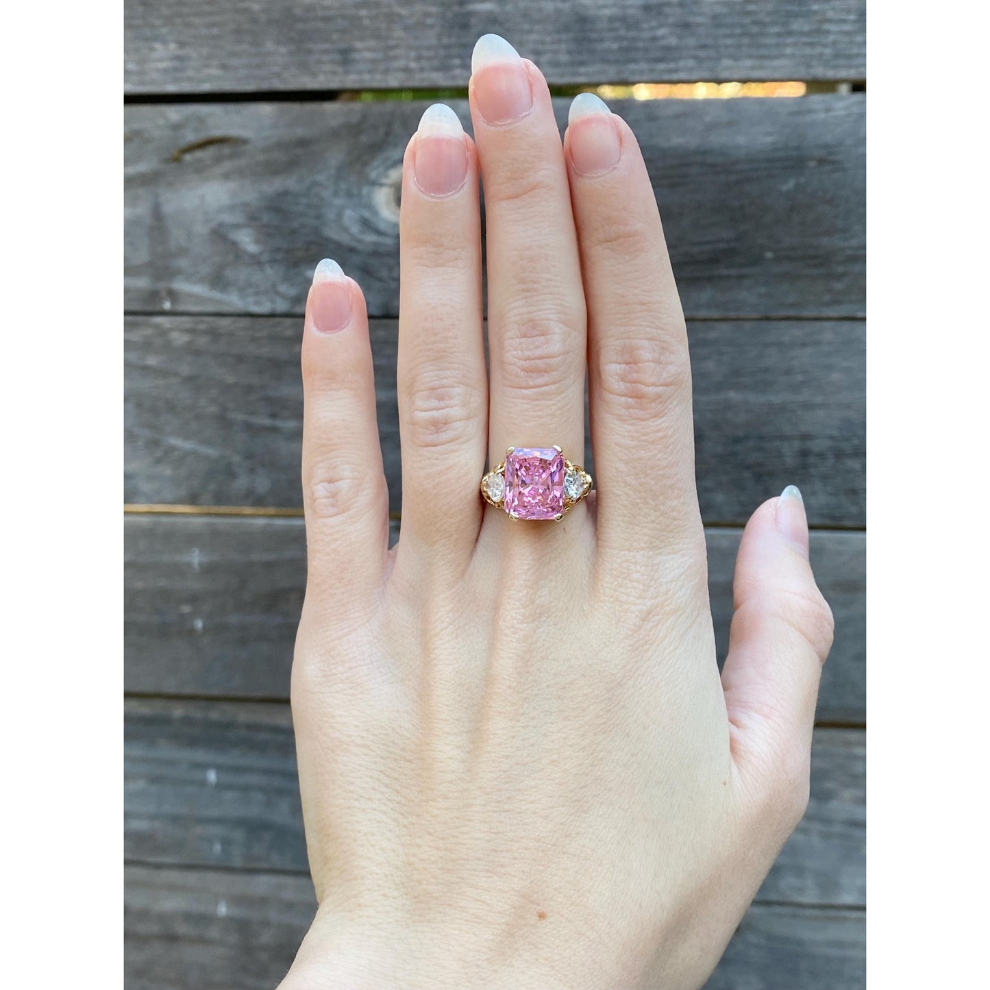 Vintage Solid 10k Yellow Gold Pink & Clear Cubic Zirconia Ring - Size 7.25