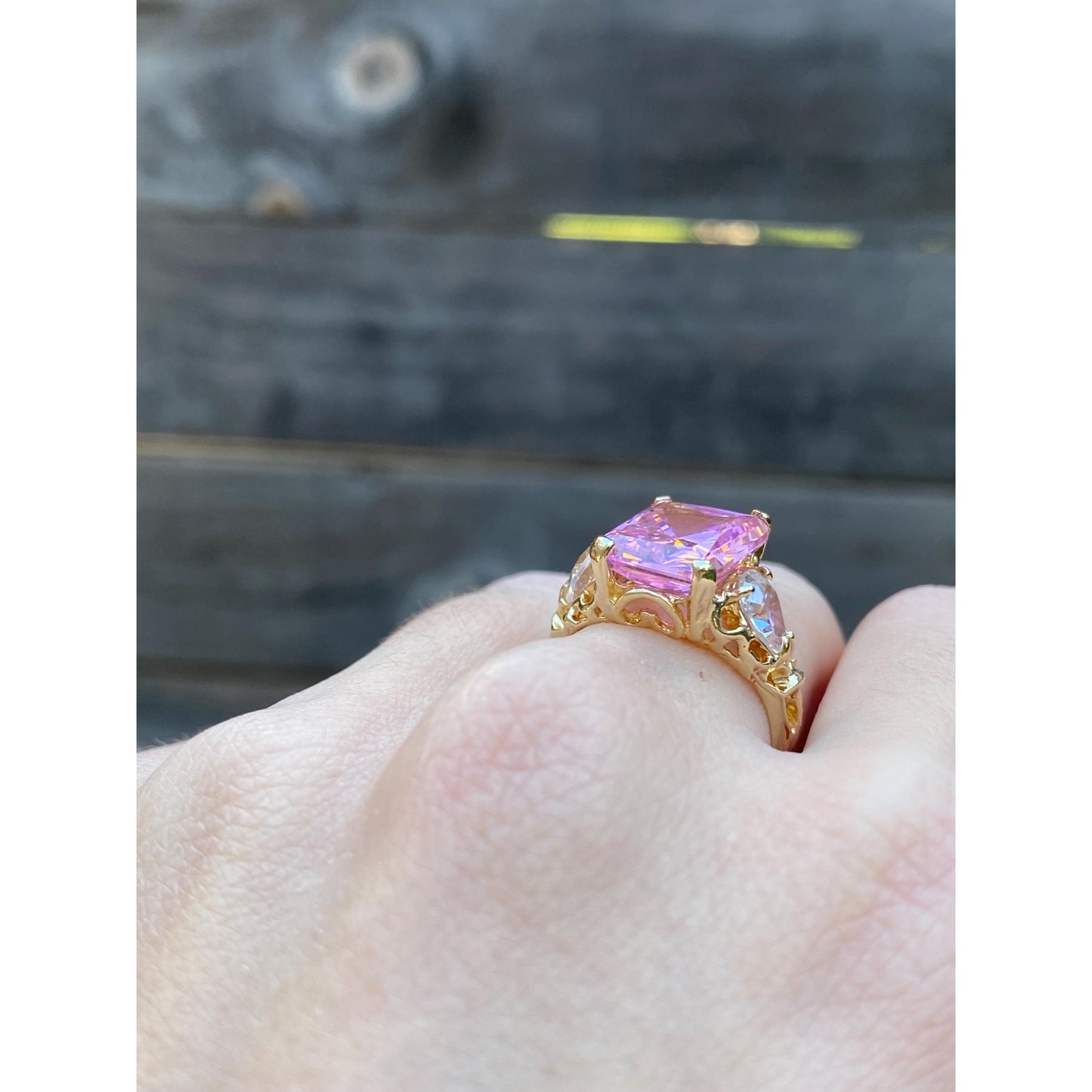 Vintage Solid 10k Yellow Gold Pink & Clear Cubic Zirconia Ring - Size 7.25