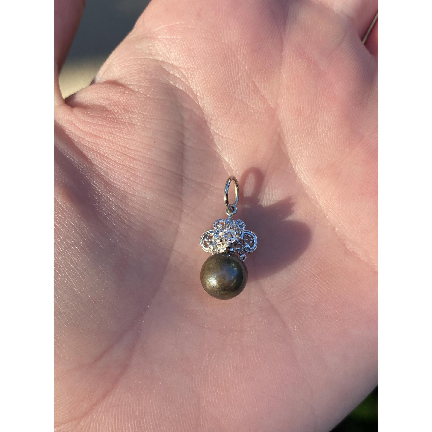 Vintage Solid 14k White Gold Grey Pearl Diamond Charm