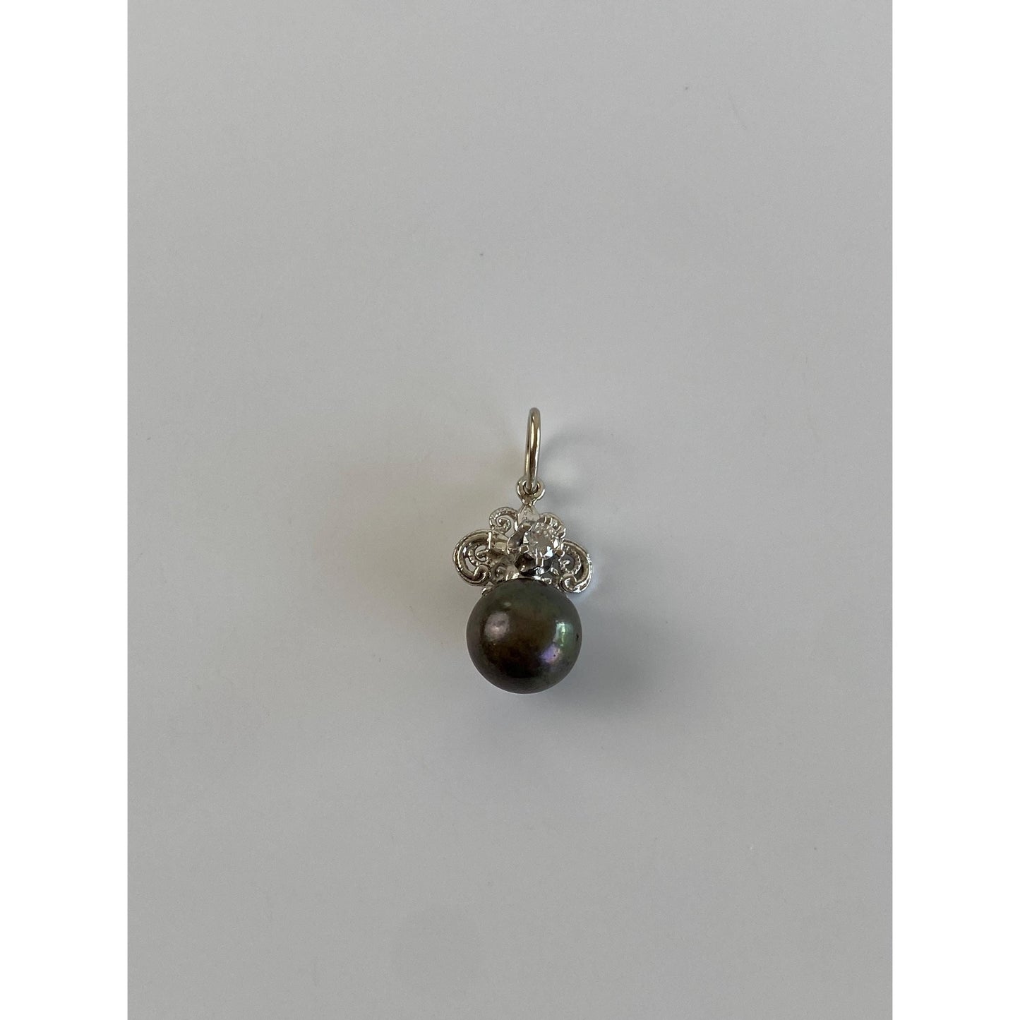 Vintage Solid 14k White Gold Grey Pearl Diamond Charm