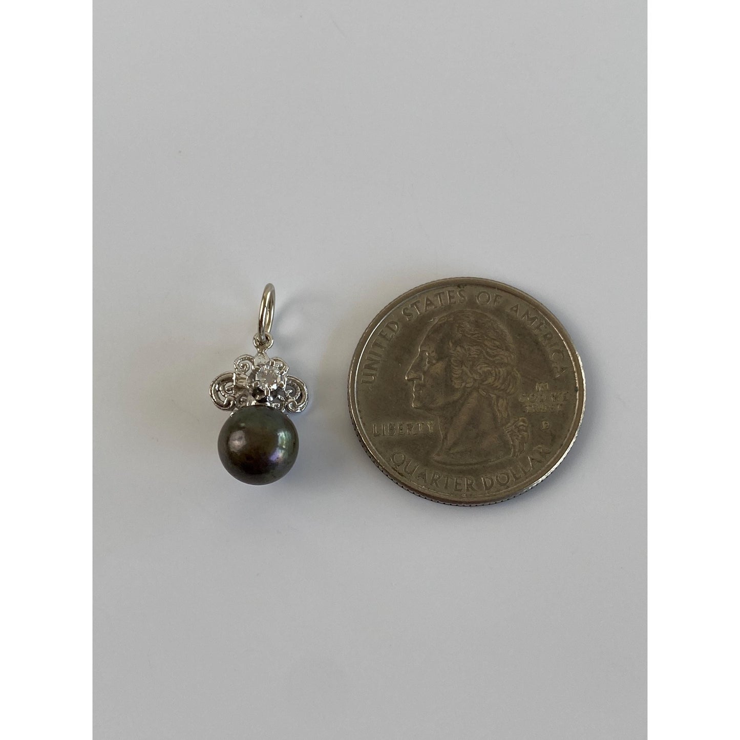 Vintage Solid 14k White Gold Grey Pearl Diamond Charm
