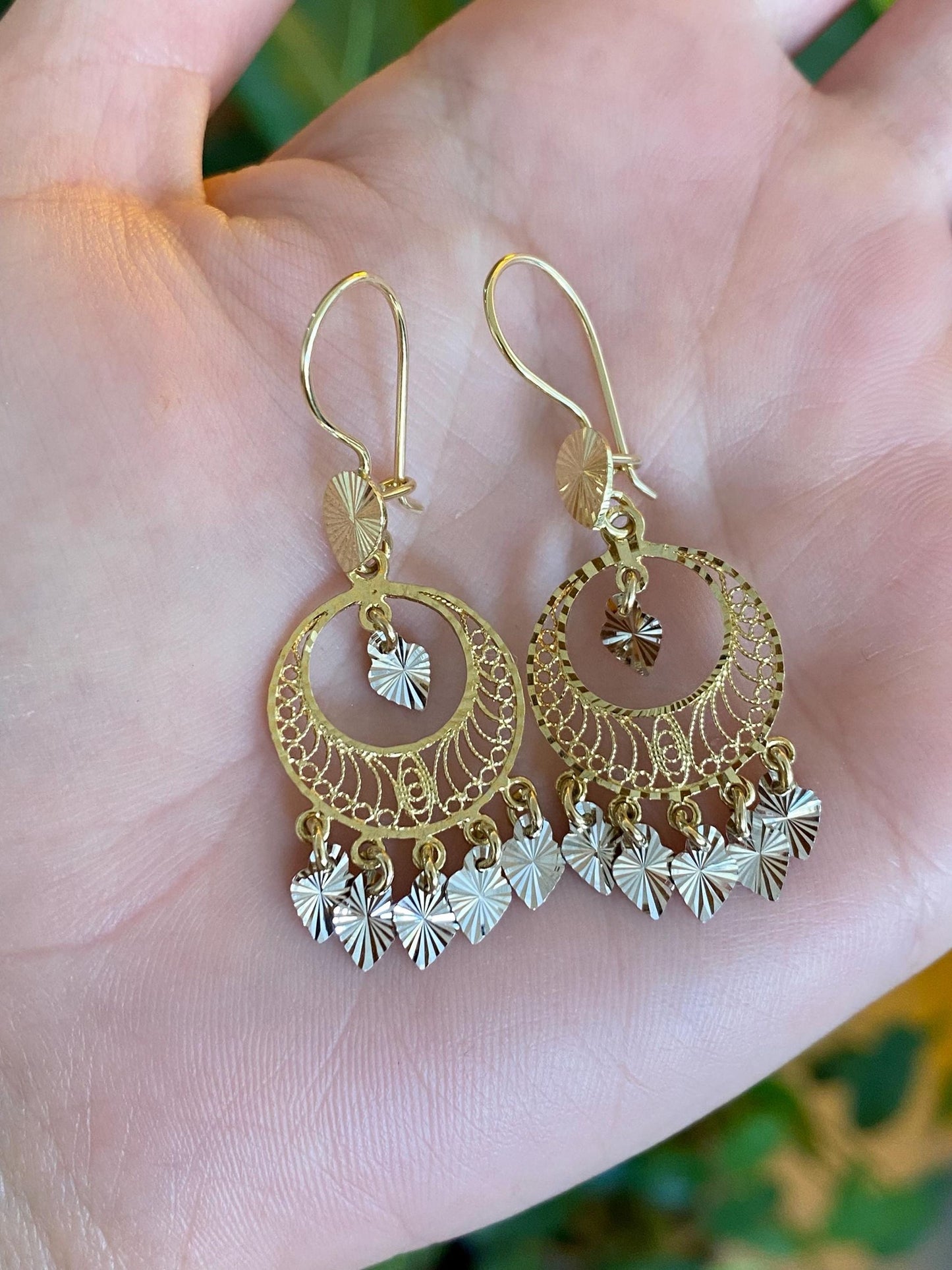 Vintage Solid 14k White & Yellow Gold Engine Turned Filigree Fringe Dangle Earrings