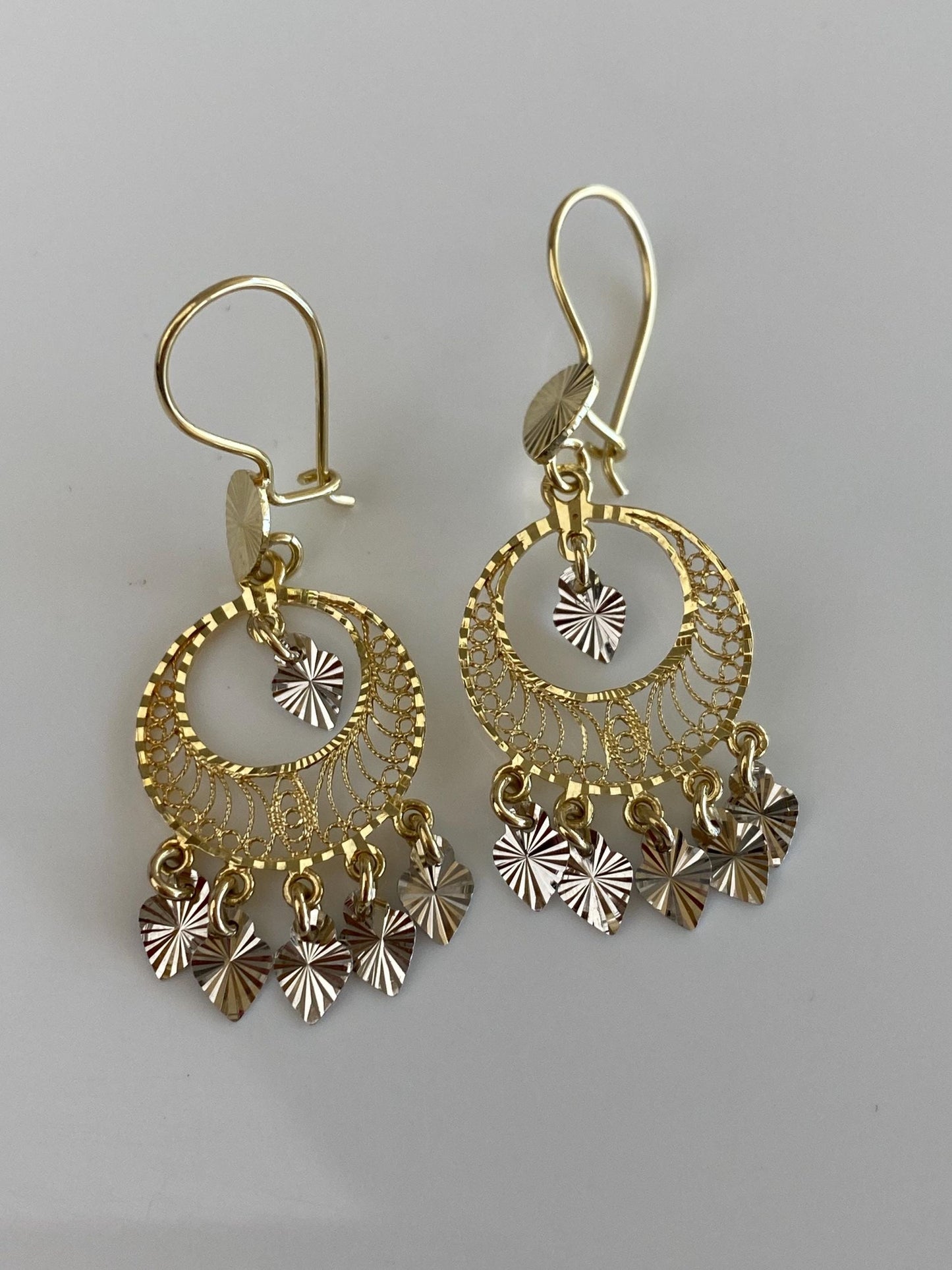 Vintage Solid 14k White & Yellow Gold Engine Turned Filigree Fringe Dangle Earrings