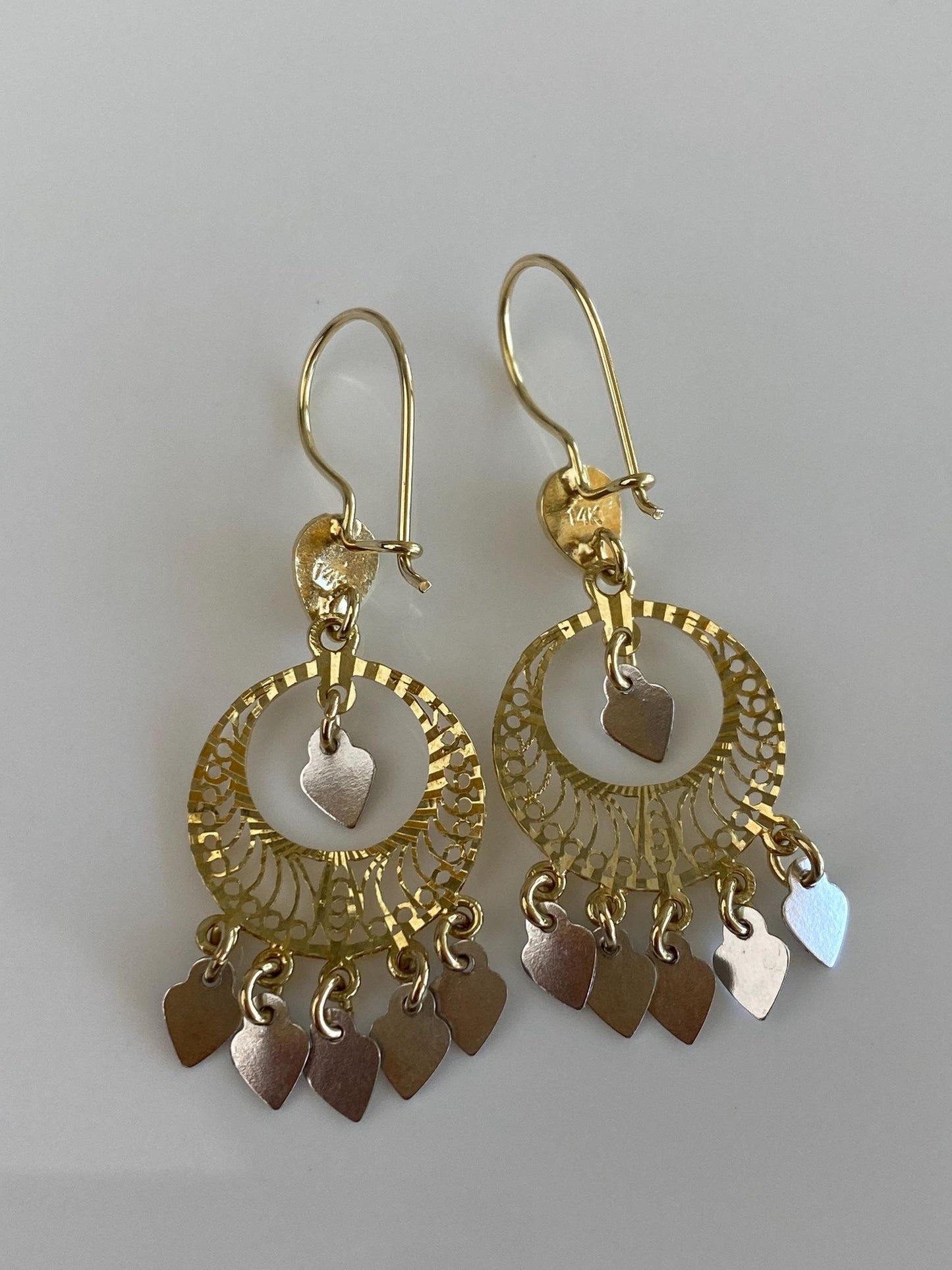 Vintage Solid 14k White & Yellow Gold Engine Turned Filigree Fringe Dangle Earrings