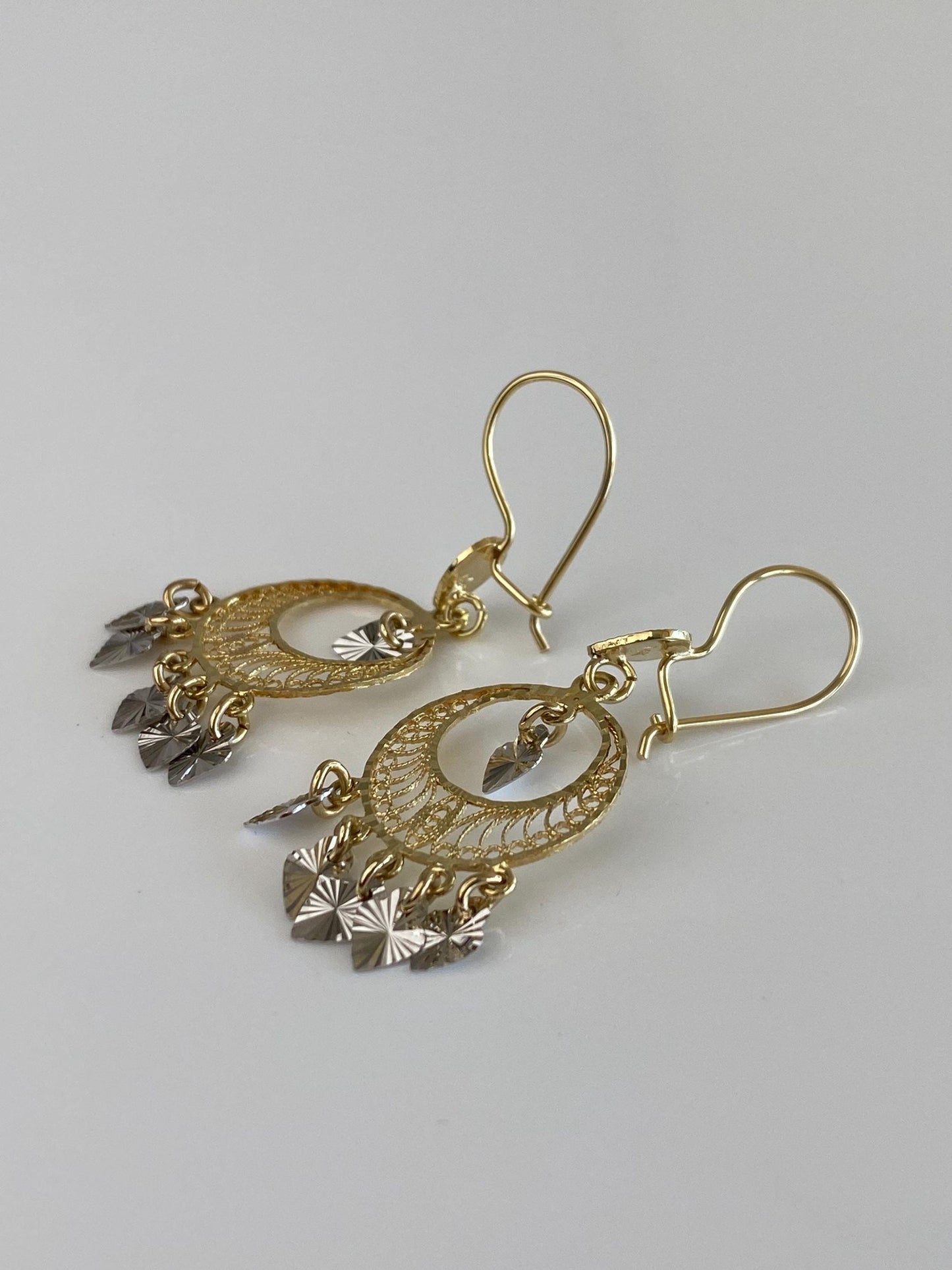 Vintage Solid 14k White & Yellow Gold Engine Turned Filigree Fringe Dangle Earrings