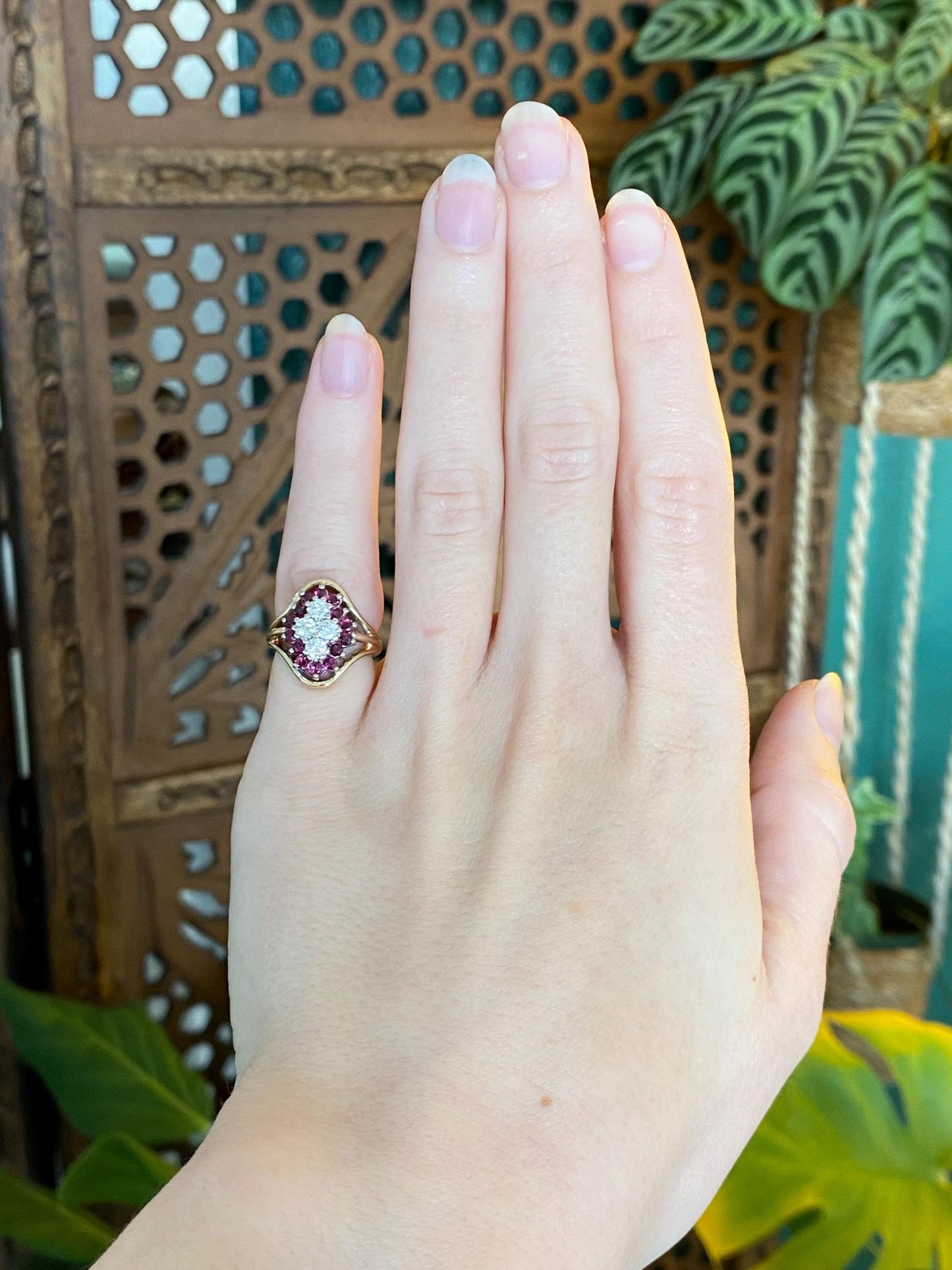 Vintage Solid 14k Yellow Gold Diamond Pink Sapphire Ring - Size 2.25