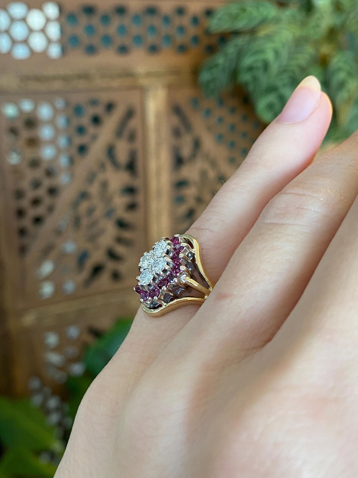 Vintage Solid 14k Yellow Gold Diamond Pink Sapphire Ring - Size 2.25