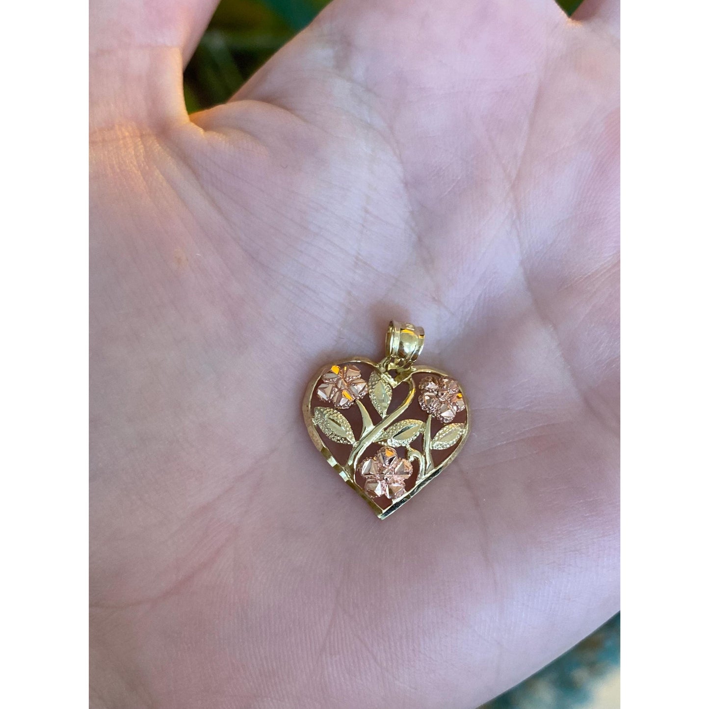 Vintage Solid 10k Rose & Yellow Gold Diamond Cut Roses Heart Charm