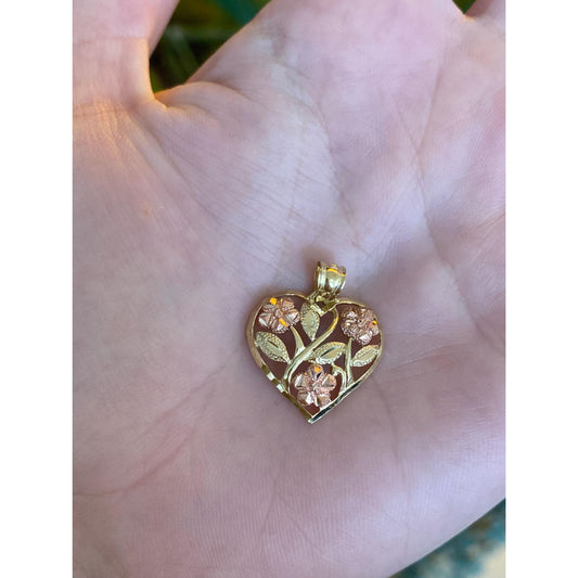 Vintage Solid 10k Rose & Yellow Gold Diamond Cut Roses Heart Charm