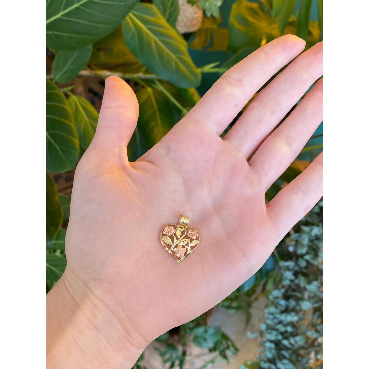 Vintage Solid 10k Rose & Yellow Gold Diamond Cut Roses Heart Charm