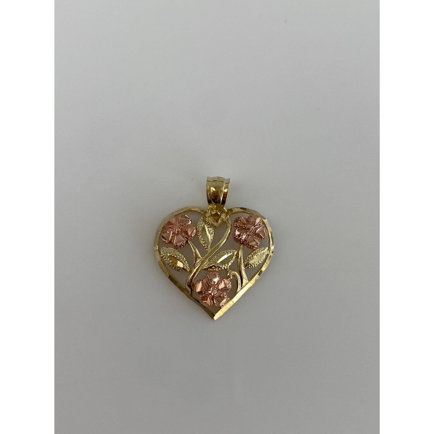 Vintage Solid 10k Rose & Yellow Gold Diamond Cut Roses Heart Charm