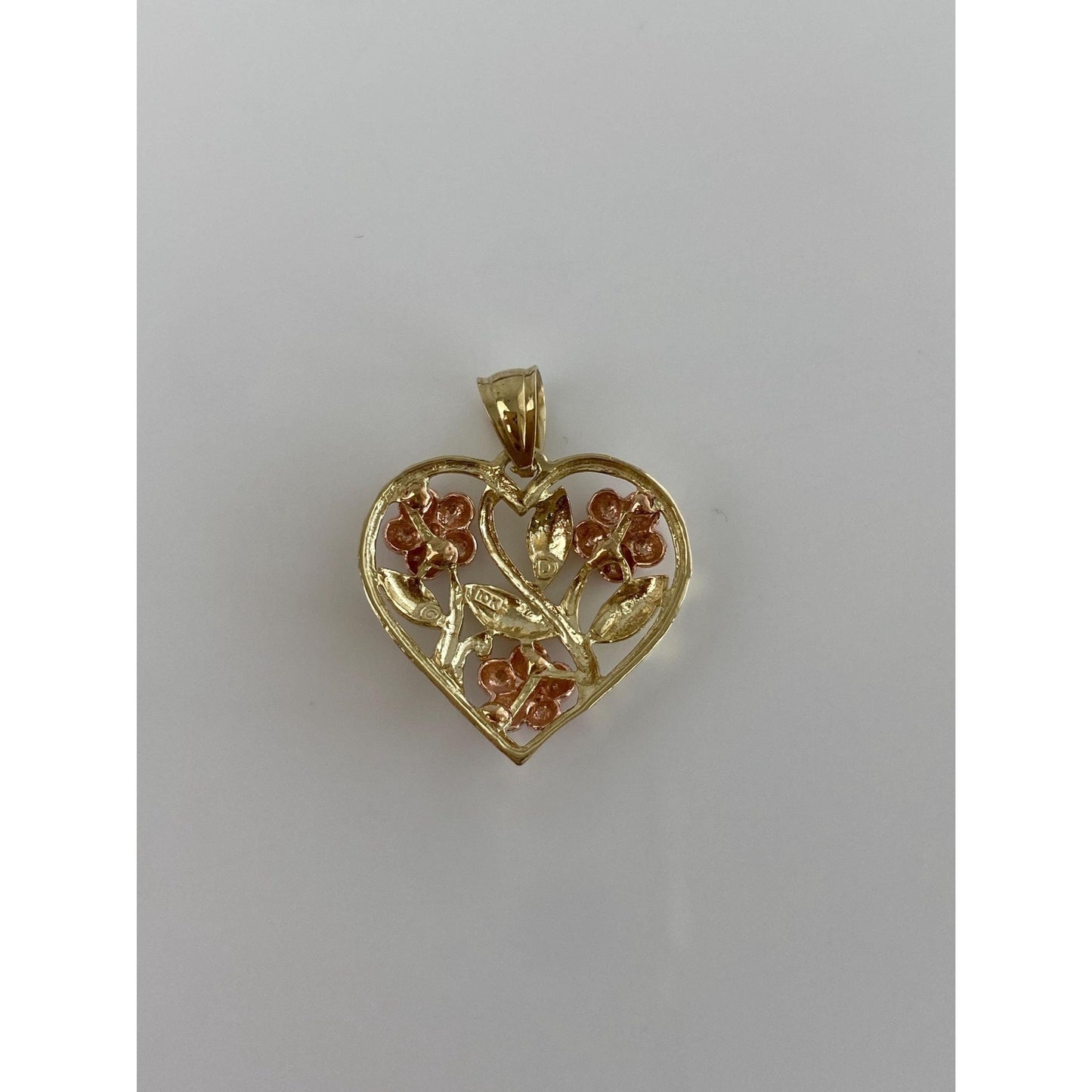 Vintage Solid 10k Rose & Yellow Gold Diamond Cut Roses Heart Charm