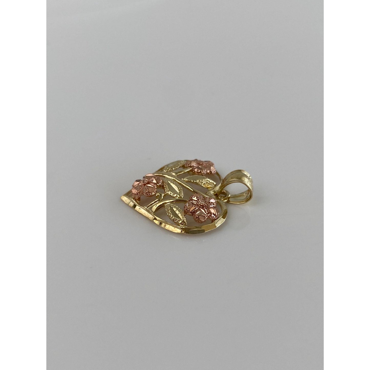 Vintage Solid 10k Rose & Yellow Gold Diamond Cut Roses Heart Charm