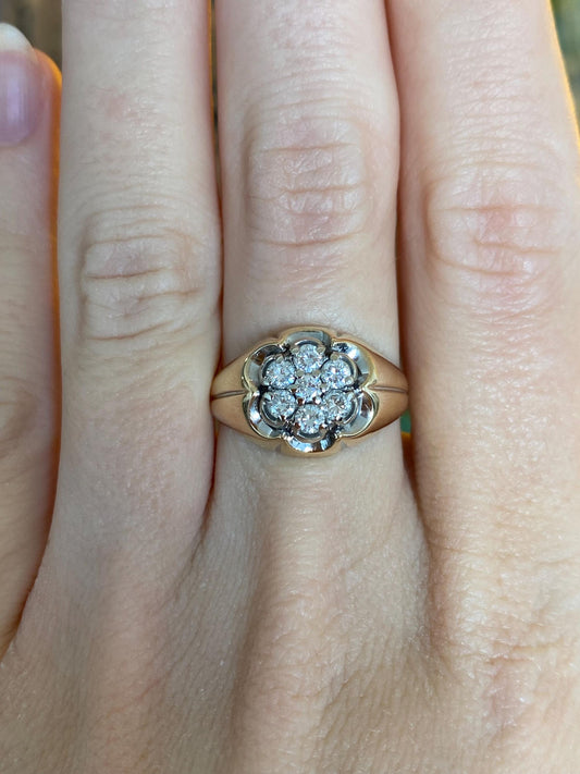Vintage Solid 14k White & Yellow Gold Diamond Flower Ring - Size 5.5