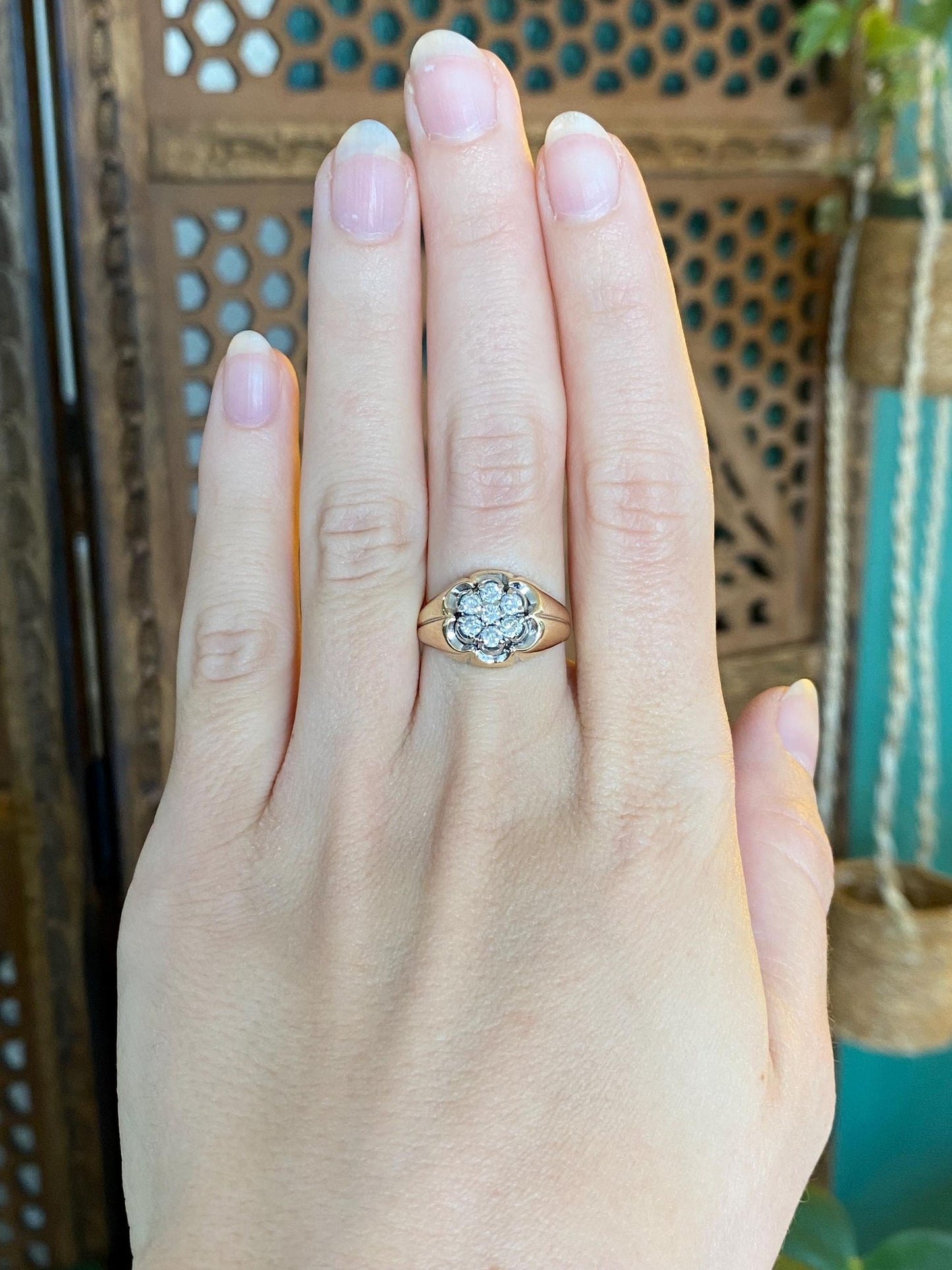 Vintage Solid 14k White & Yellow Gold Diamond Flower Ring - Size 5.5