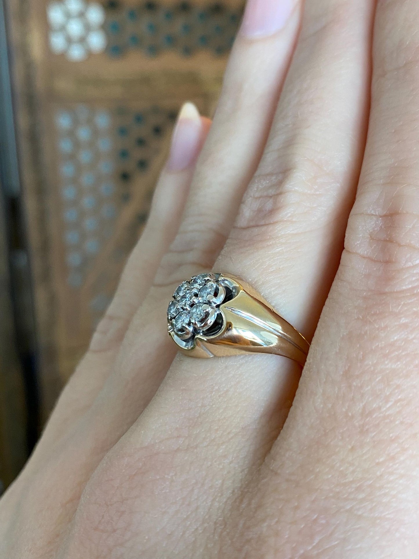 Vintage Solid 14k White & Yellow Gold Diamond Flower Ring - Size 5.5