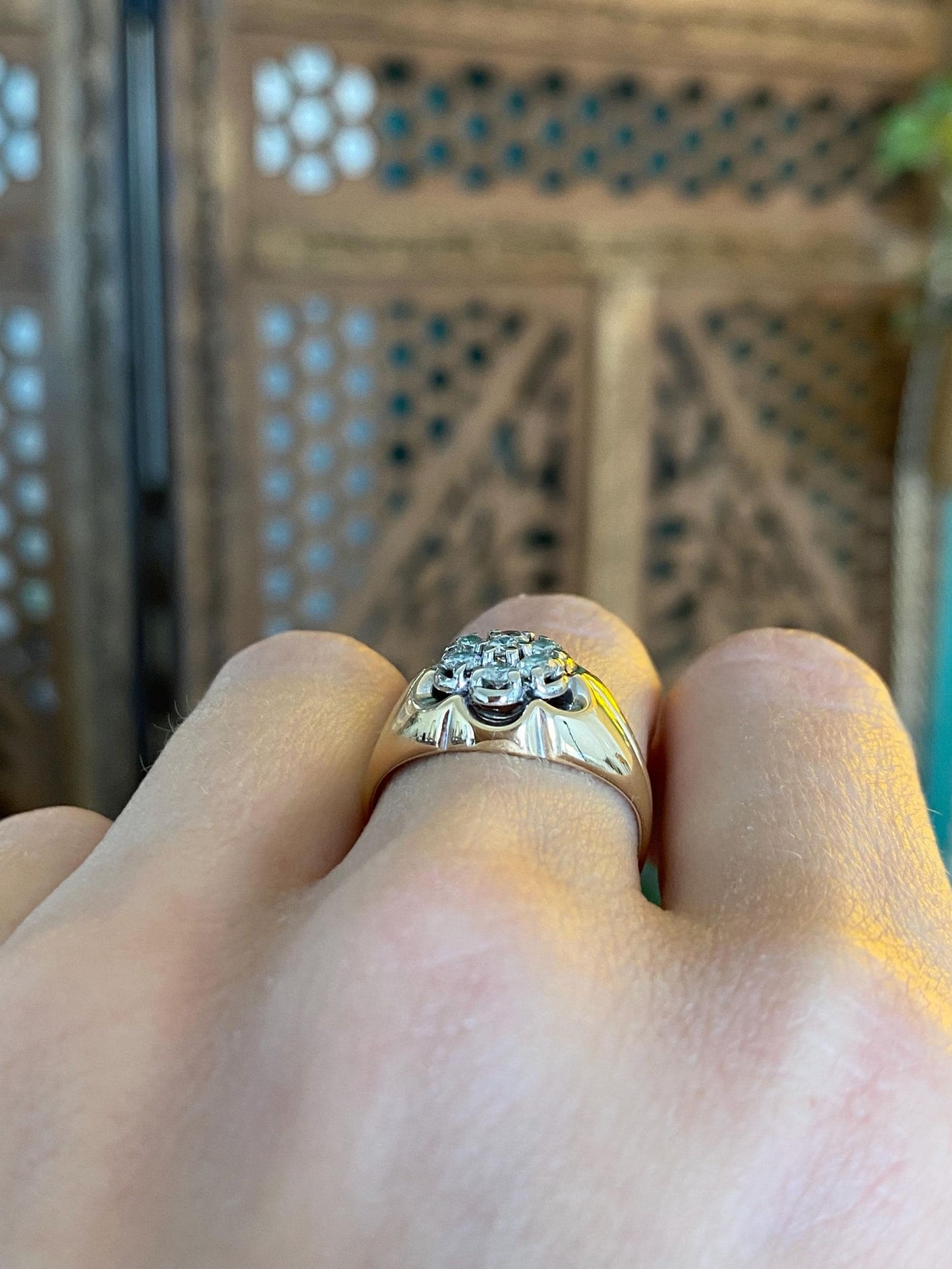 Vintage Solid 14k White & Yellow Gold Diamond Flower Ring - Size 5.5