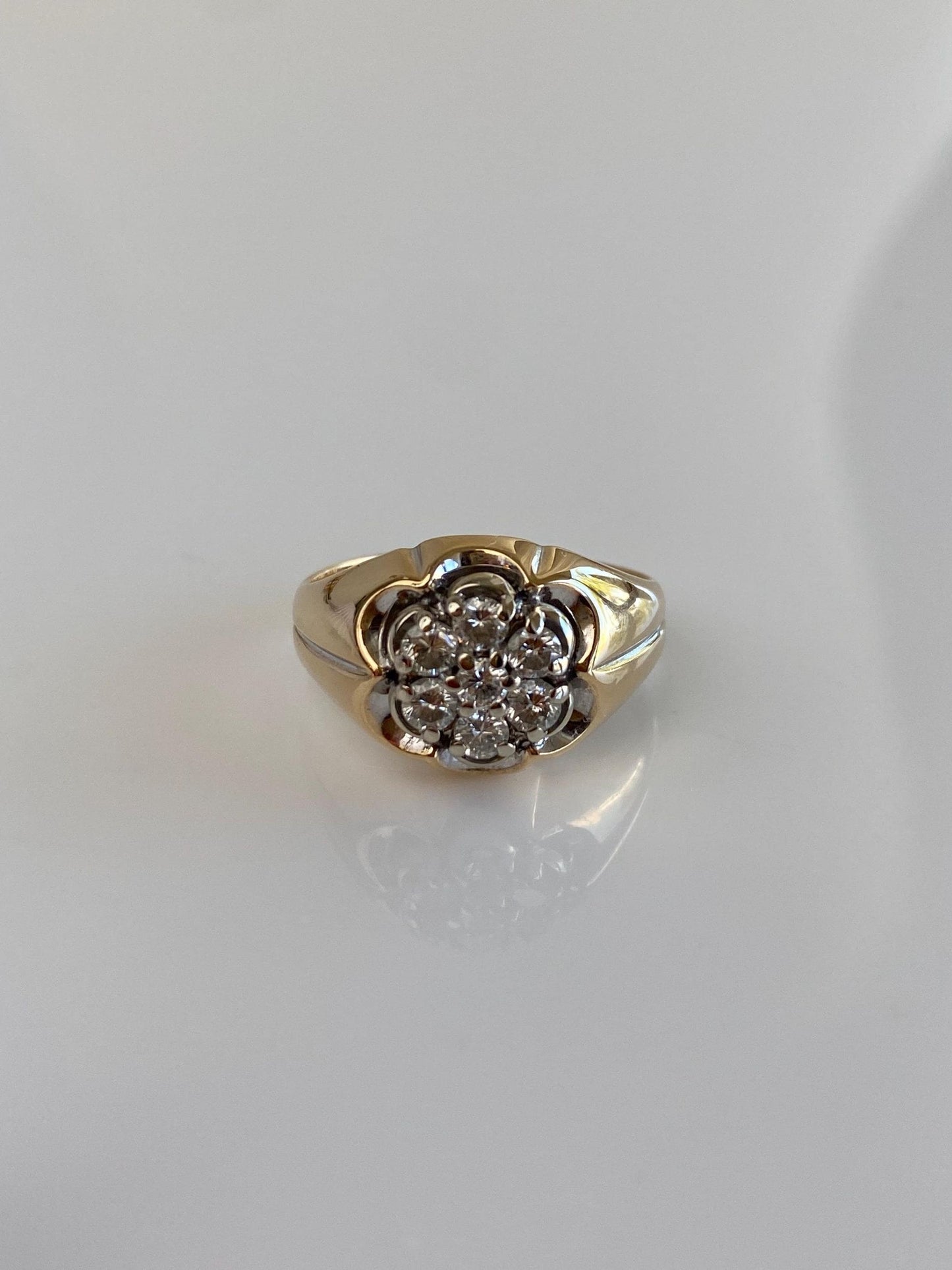 Vintage Solid 14k White & Yellow Gold Diamond Flower Ring - Size 5.5