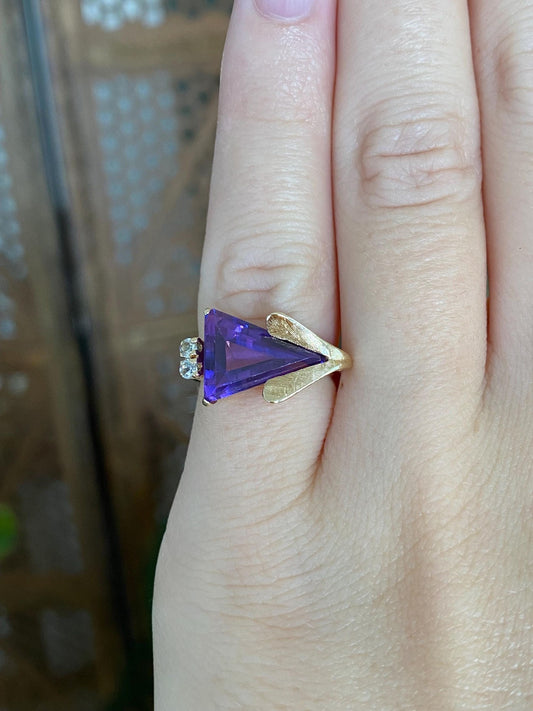 Vintage Solid 14k Yellow Gold Amethyst Clear Spinel Ring - Size 2.75