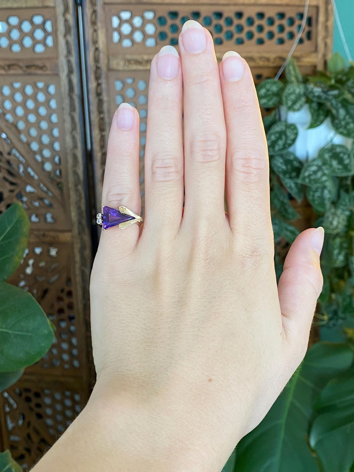 Vintage Solid 14k Yellow Gold Amethyst Clear Spinel Ring - Size 2.75