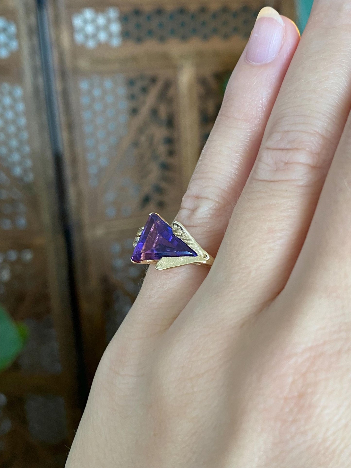 Vintage Solid 14k Yellow Gold Amethyst Clear Spinel Ring - Size 2.75