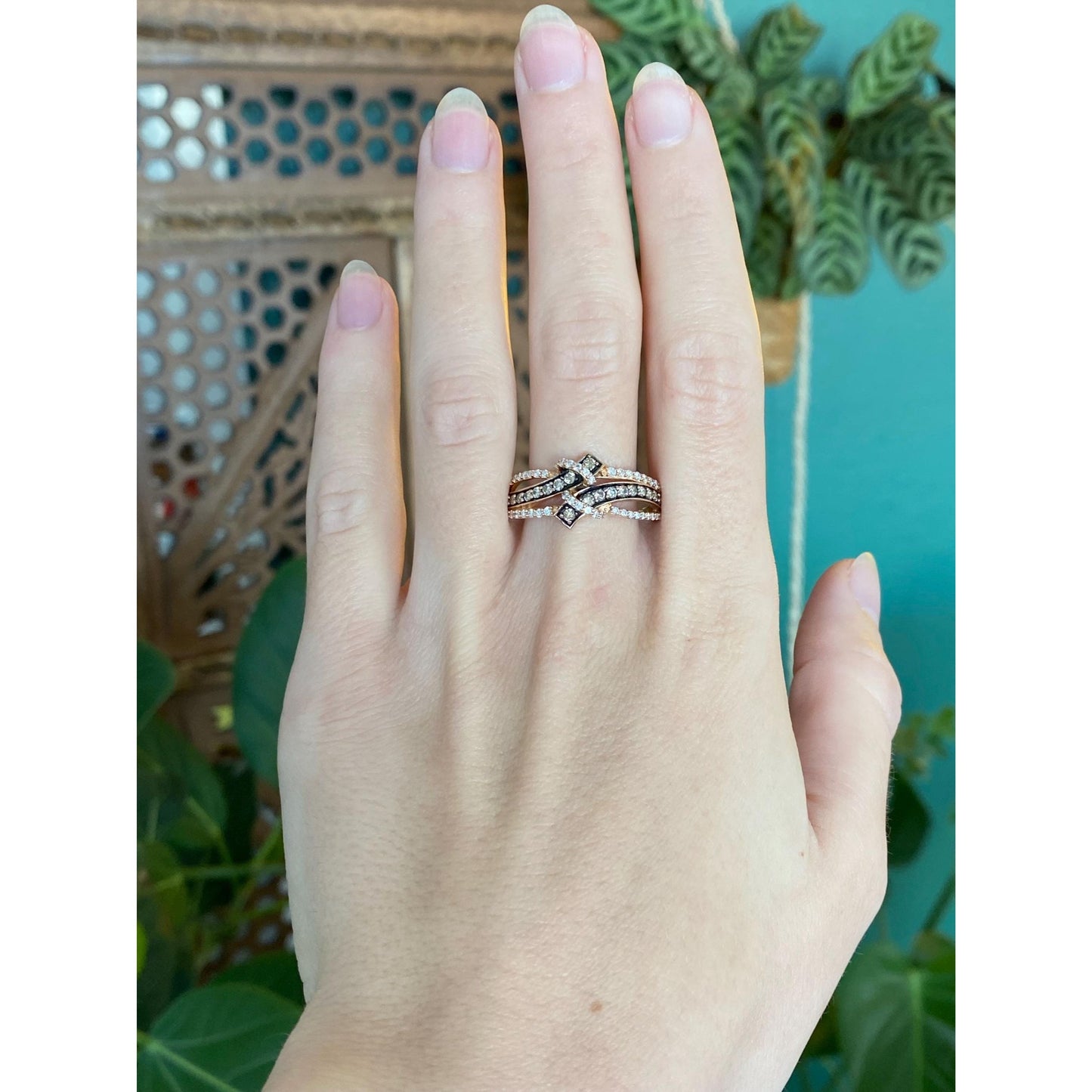 Solid 14k Rosey Gold Black Enamel Diamond Ring Band - Size 11.75