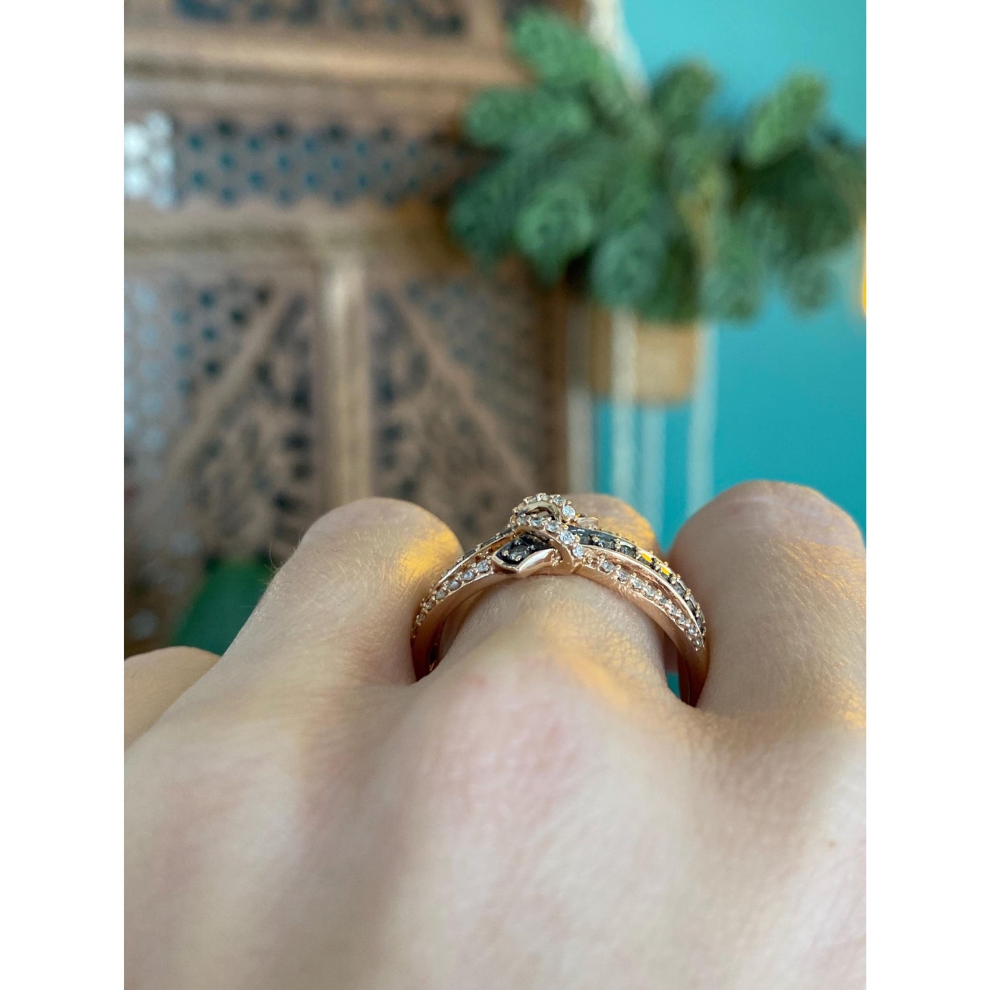 Solid 14k Rosey Gold Black Enamel Diamond Ring Band - Size 11.75