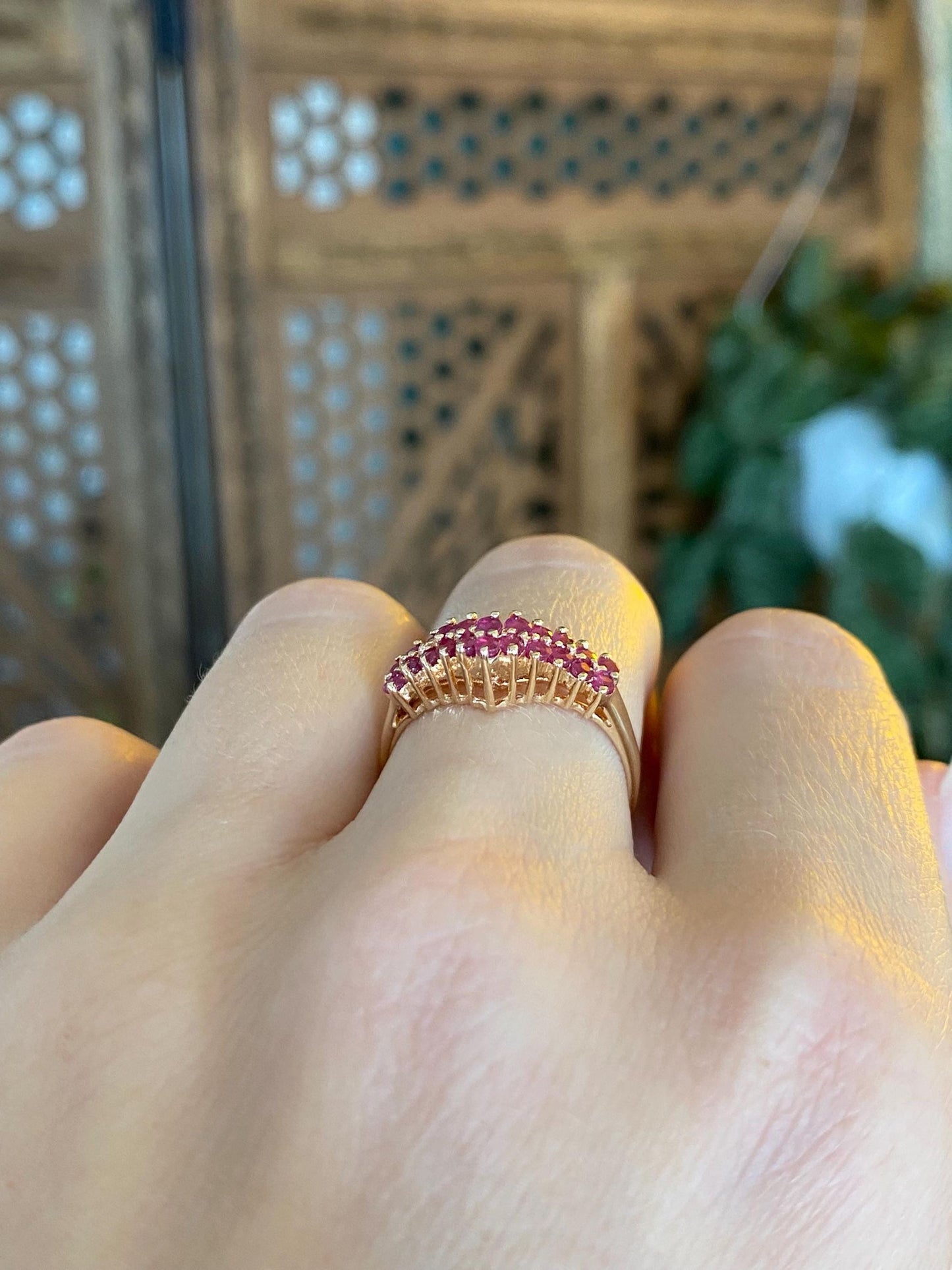 Vintage Solid 14k Yellow Gold Ruby Rows Chevron Ring - Size 6.5