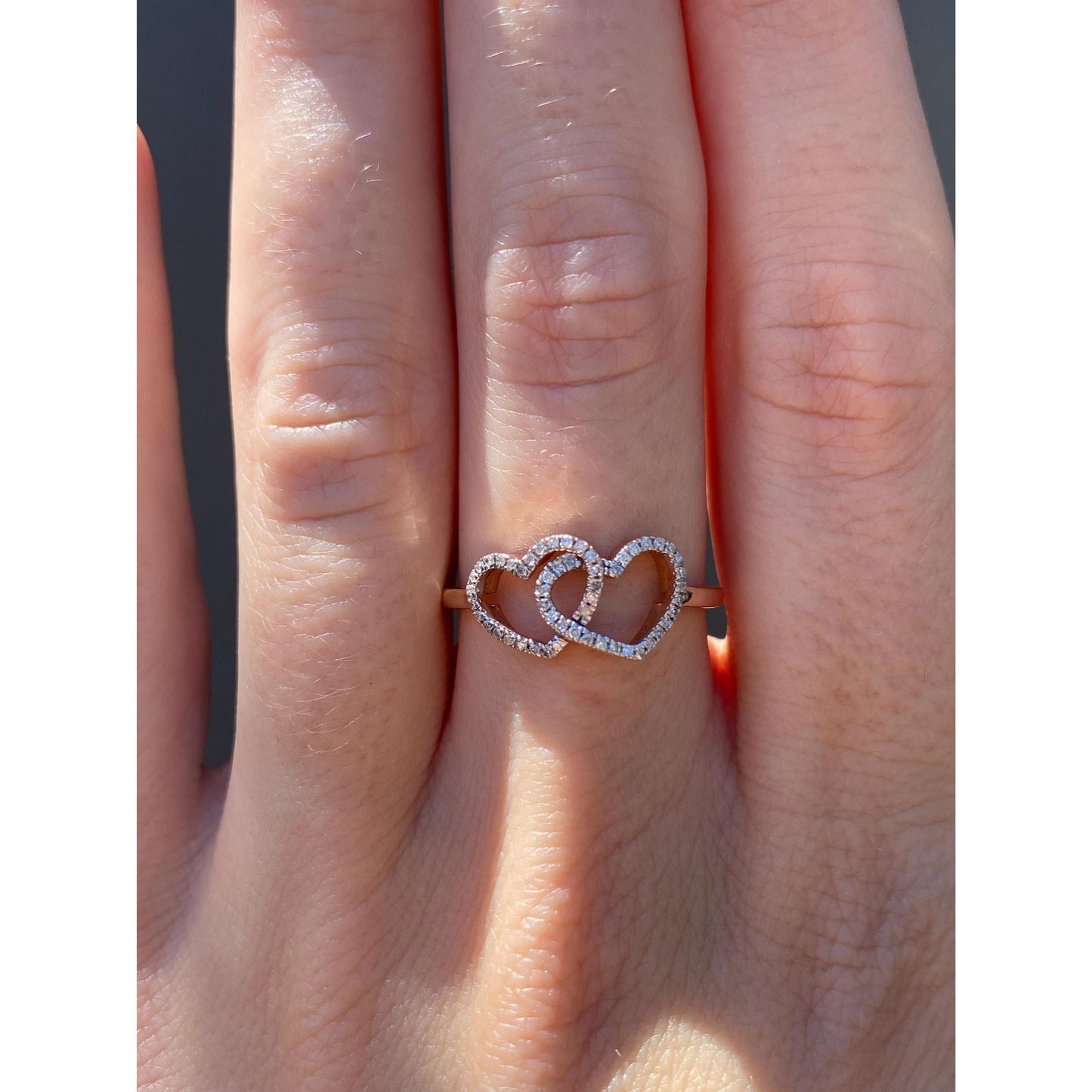 Vintage Solid 10k Rose Gold Clear Sapphire Hearts Ring - Size 7