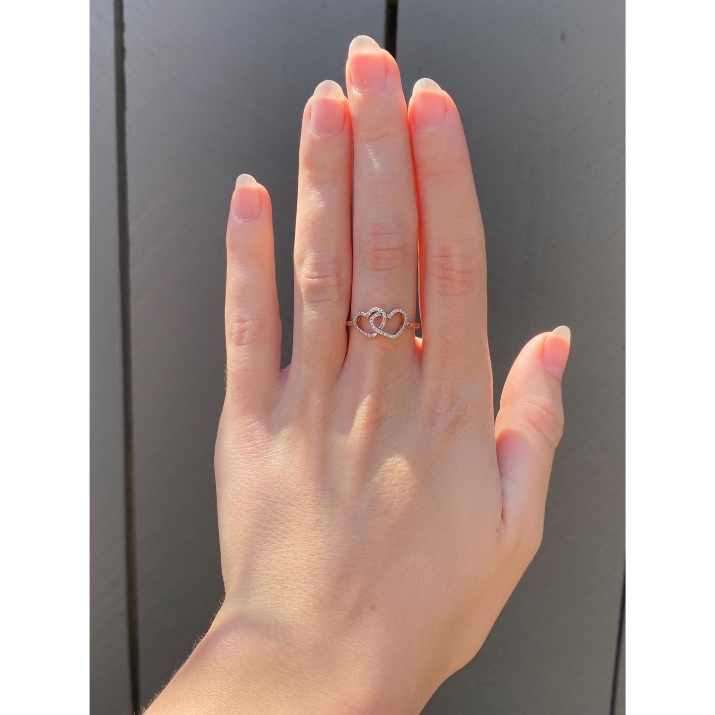 Vintage Solid 10k Rose Gold Clear Sapphire Hearts Ring - Size 7